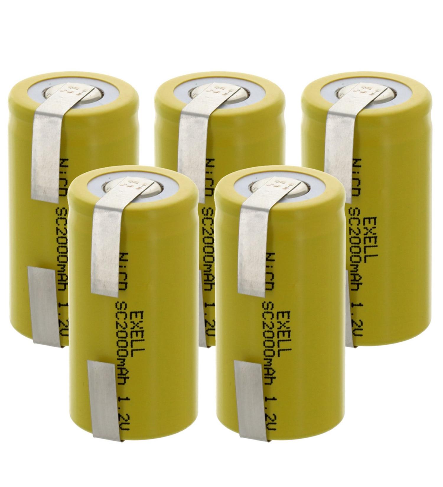 5x Exell SubC 1.2V 2000mAh NiCD Rechargeable Batteries with Tabs for high power static applications (Telecoms UPS and Smart grid) electric mopeds meters radios RC devices electric tools