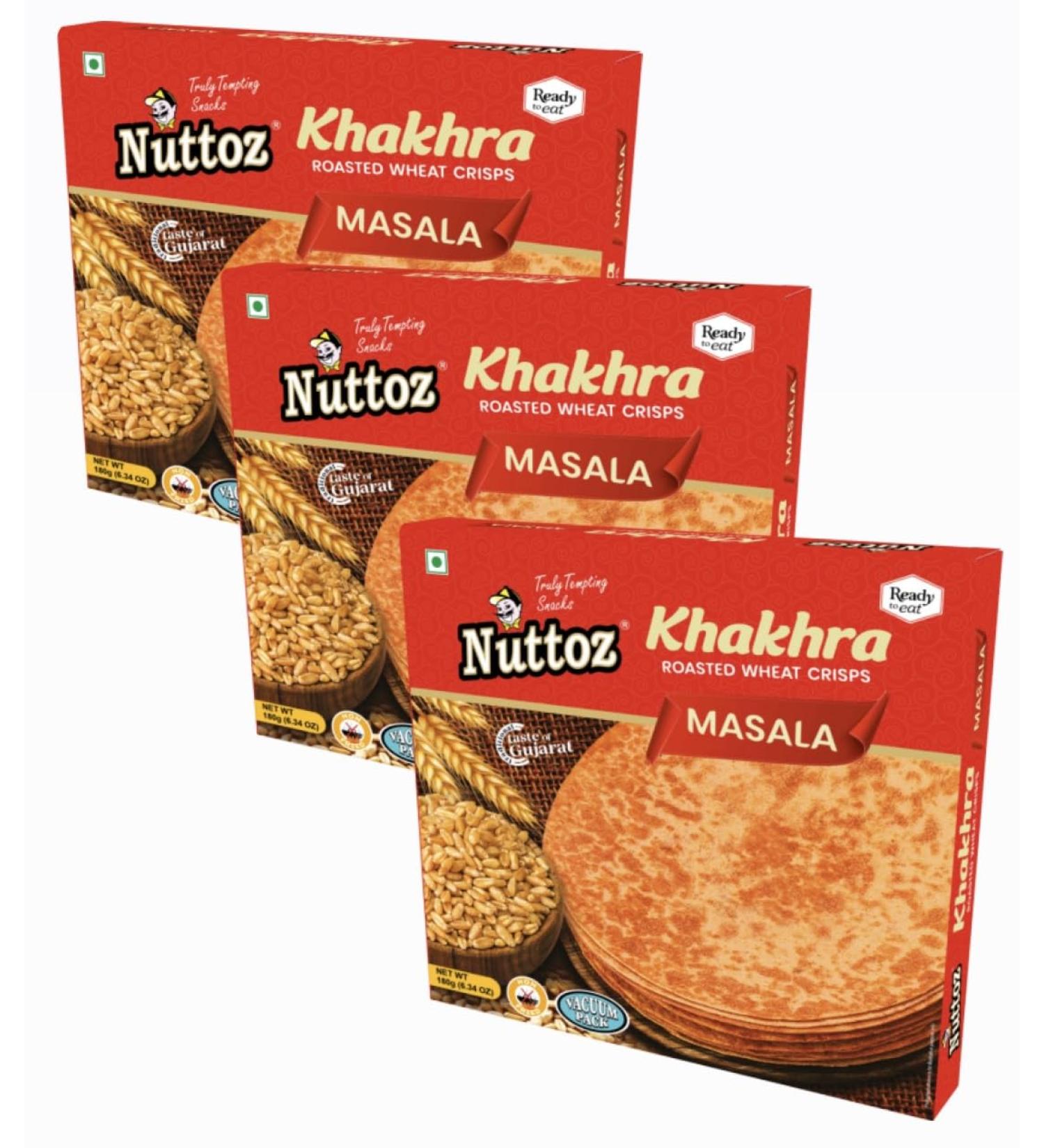 Nuttoz MASALA Khakhra ROASTED WHEAT CRISPS 180g (PACK OF 3) 180.00 g (Pack of 3) - Buy Online on GoSupps.com