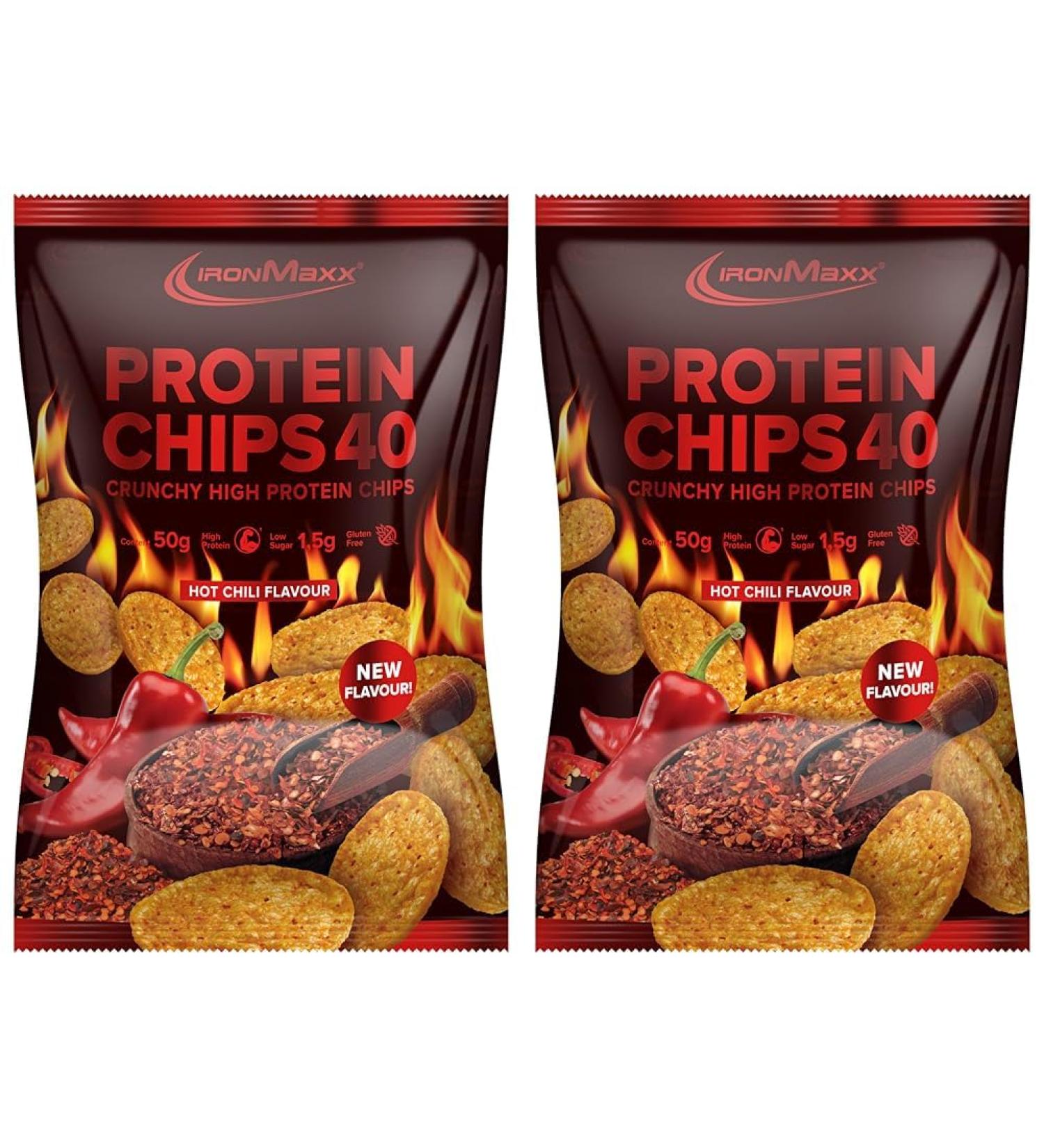 Ironmaxx Protein Chips 40 - Hot Chili | High Protein Low Carb Gluten-Free Snacks | 50g | Available in Various Flavors (Pack of 2) - International Shipping - Buy Online on GoSupps.com