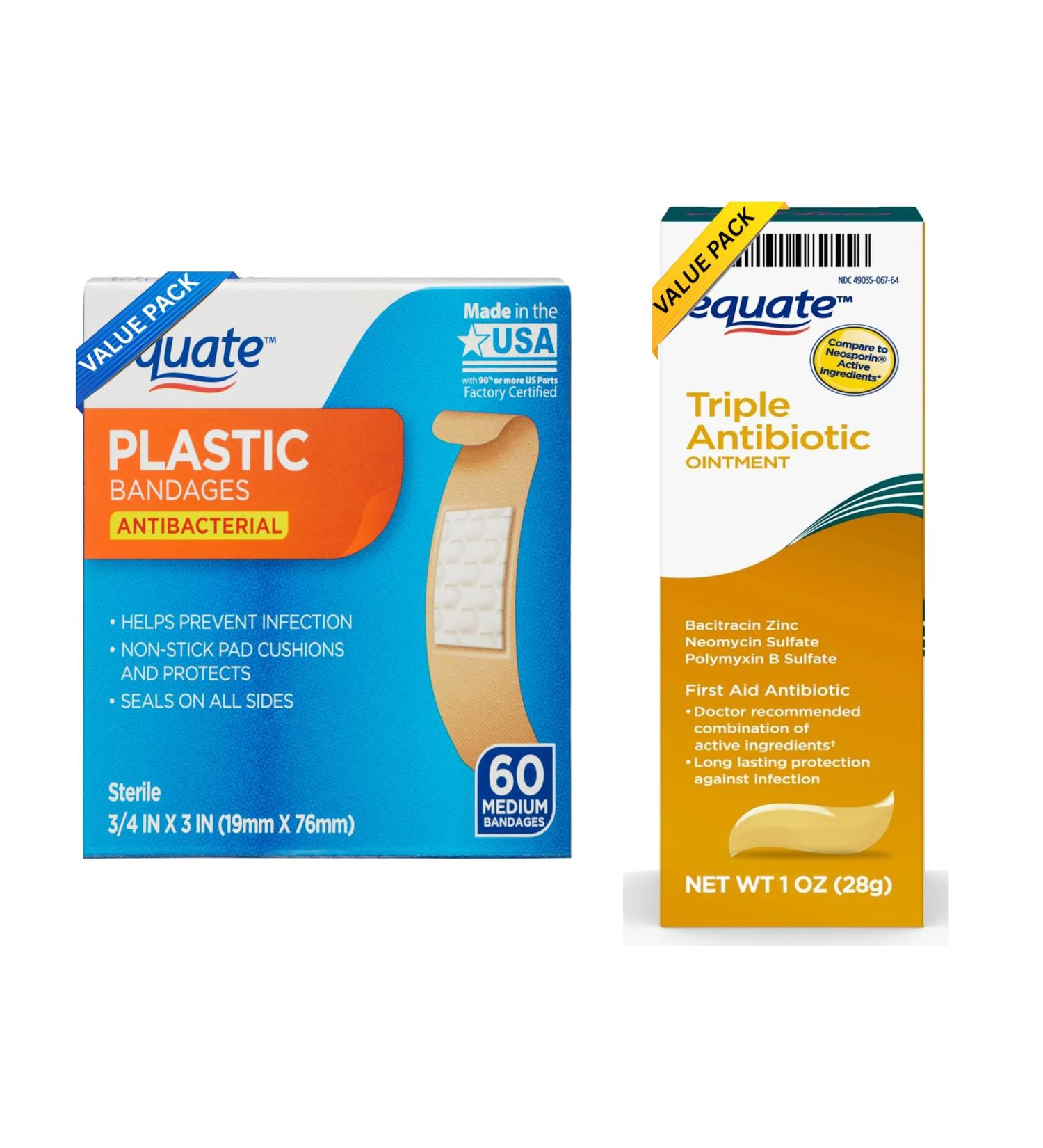 Equate First Aid Triple Ointment 1 oz & Medium Plastic Bandages 60 Count Bundle Value Pack 2 items 2.5 - Buy Online on GoSupps.com