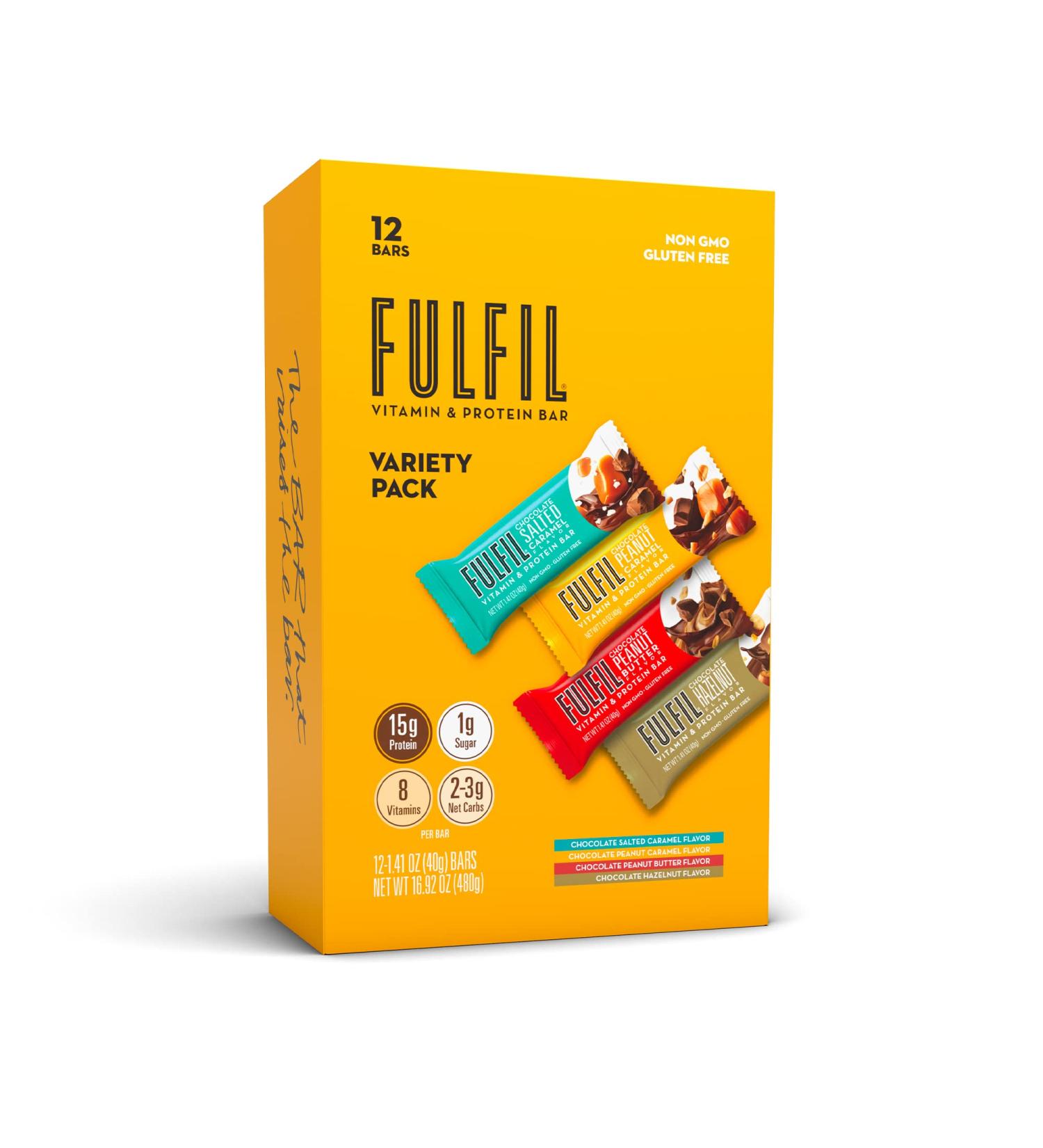 FULFIL Vitamin & Protein Snack Bars Variety Pack - 15g Protein, 8 Vitamins with Vitamin C - 12 Count - Buy Online on GoSupps.com
