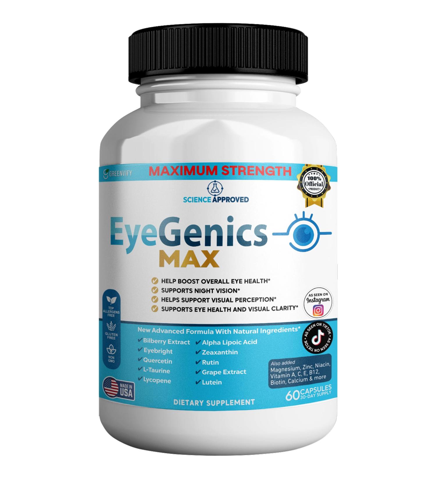 GREENVIFY EyeGenics Max Vision Support Supplement 60 Capsules Maximum Strength Eye Health Formula with Lutein Bilberry Extract Vitamins (1) - Buy Online on GoSupps.com