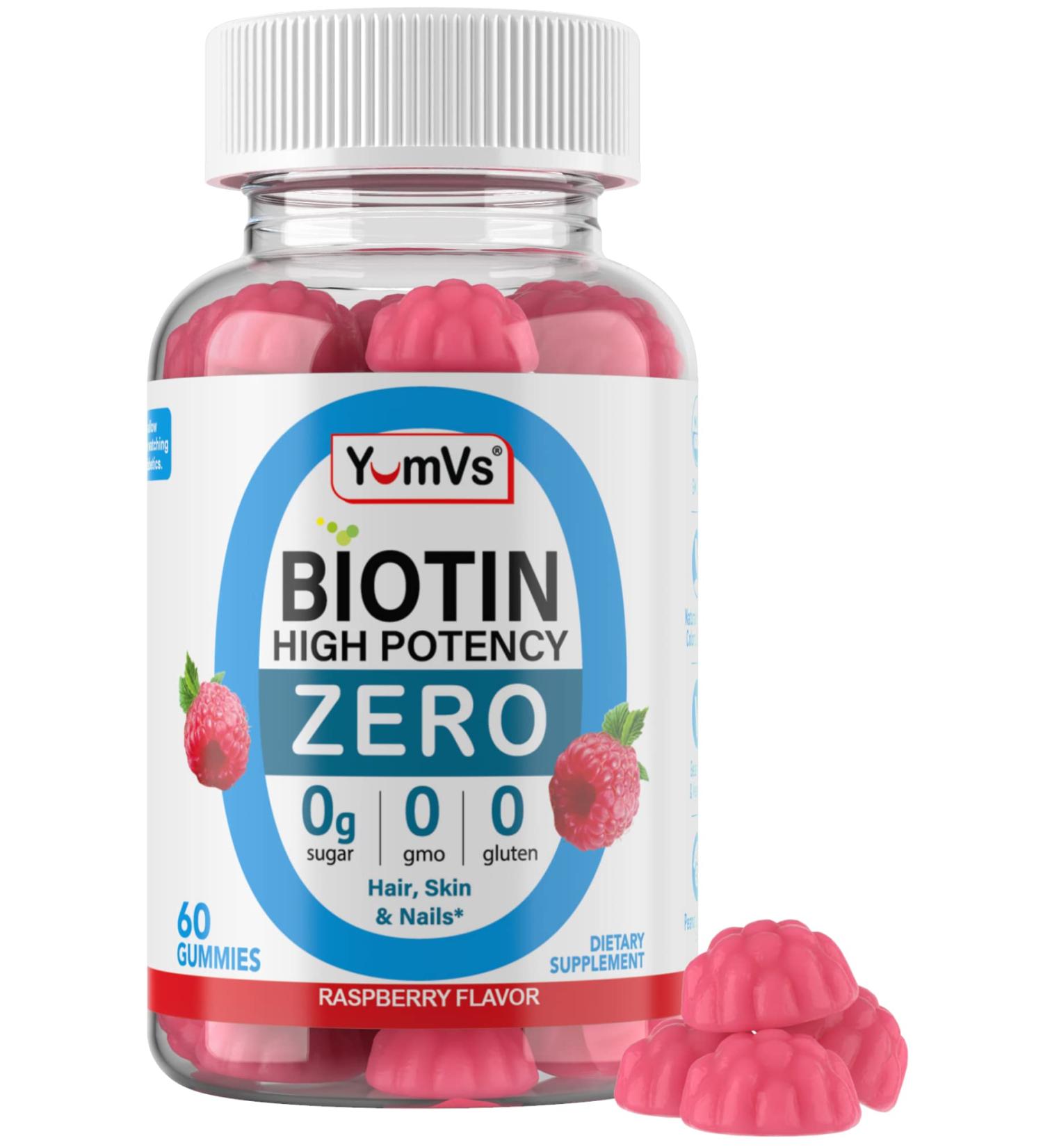 Yum-Vs High Potency Biotin Gummies 5000mcg - Sugar Free Hair Skin Nails Vitamins - Biotin Hair Growth Gummy for Women & Men - Zero Sugar Raspberry Flavor - 60 Count - Buy Online on GoSupps.com