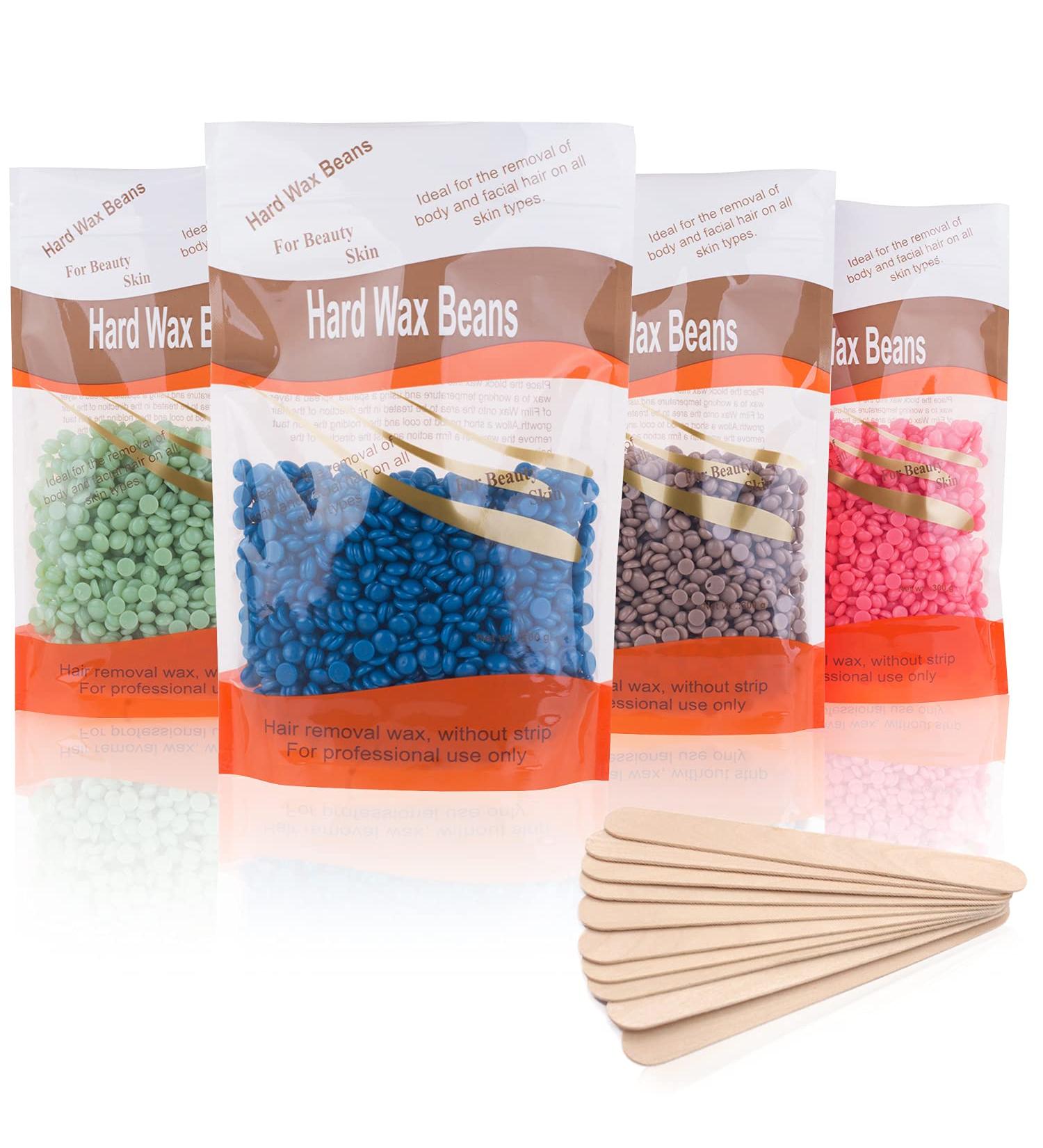 Hard Wax Beans Kit - 400g Wax Beads & 10 Applicator Sticks for Painless Hair Removal at Home | Ideal for Bikinizone Eyebrows & Brazilian Waxing - Buy Online on GoSupps.com