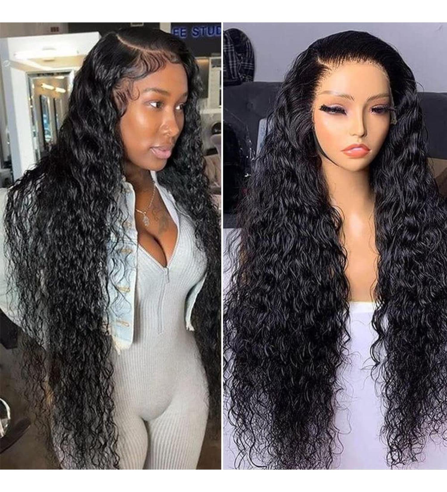 Maxine 34 Inch Deep Wave HD Lace Front Wig - 180 Density Brazilian Human Hair - Pre Plucked Wet and Wavy 13x4 Transparent Lace Front Wig - Natural Black - Buy Online on GoSupps.com