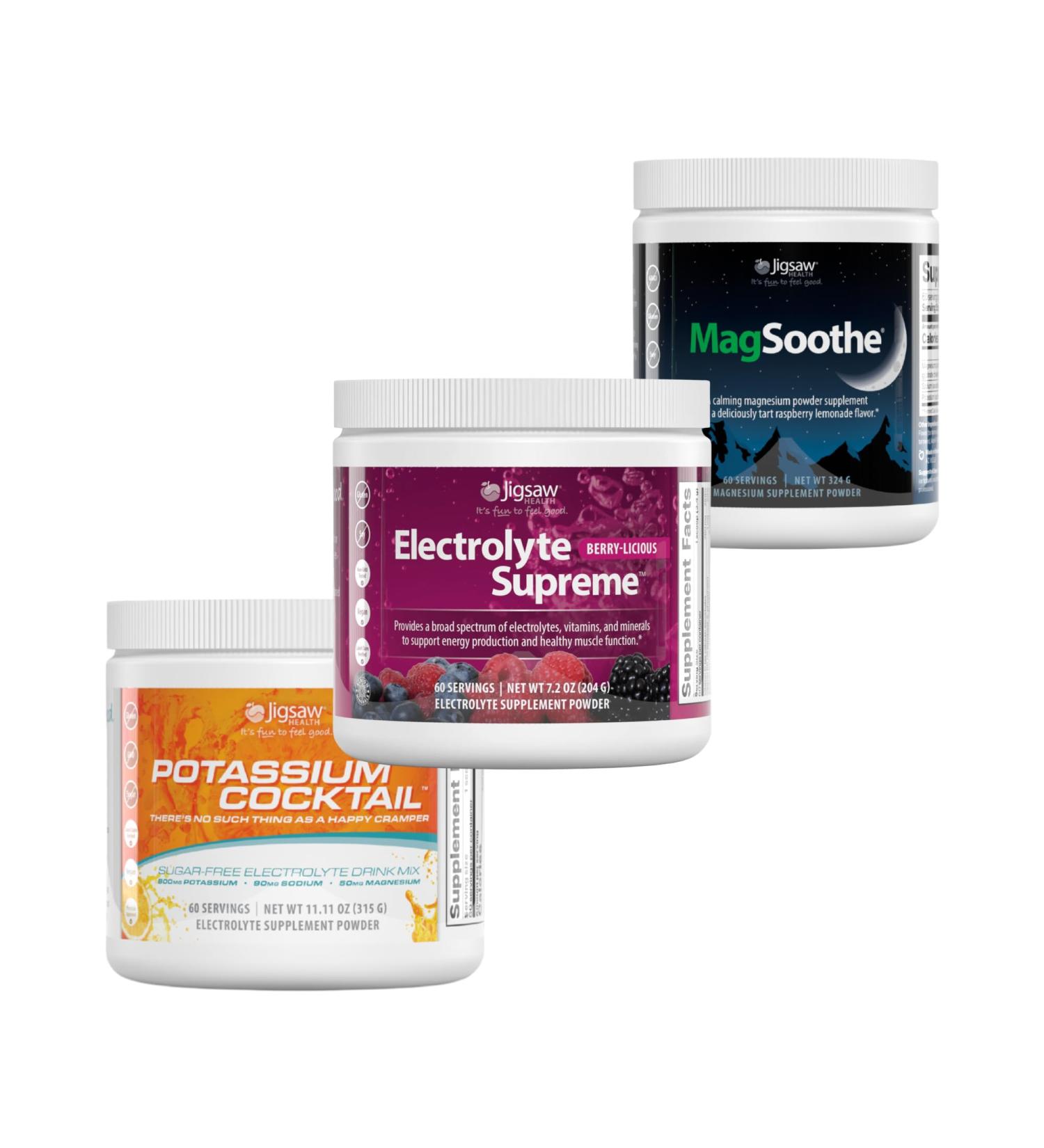 Jigsaw Pickleball Hydration Stack | Potassium Cocktail (Orange) Electrolyte Supreme (Berry-Licious) and MagSoothe (Raspberry Lemonade) 60 Servings (Jar) - Buy Online on GoSupps.com