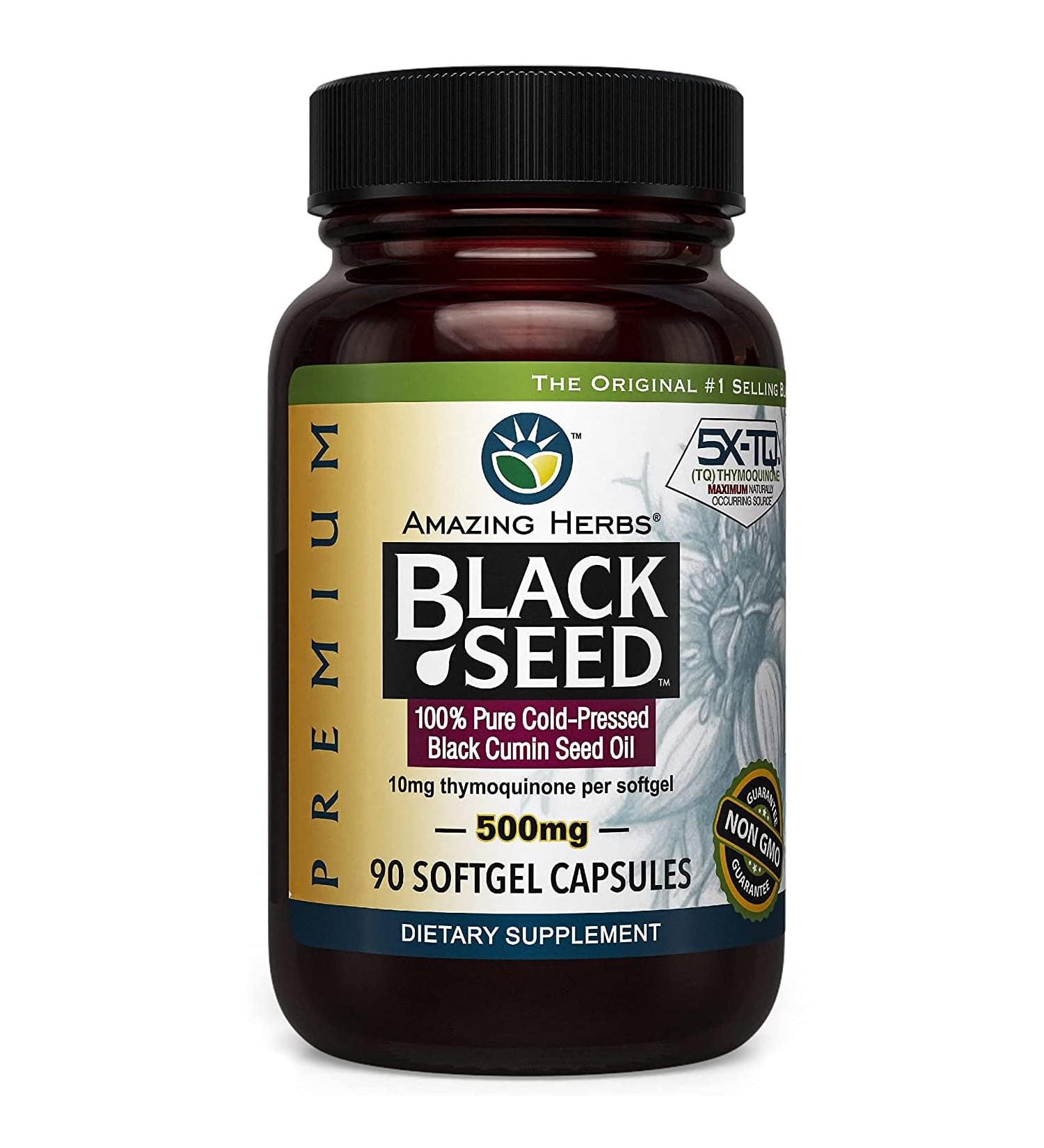 Amazing Herbs Premium Black Seed Oil Capsules - Cold Pressed Nigella Sativa, 90 Count, 500mg - Supports Digestive Health, Immune Function, and Brain Health - Gluten Free, Non-GMO - Buy Online on GoSupps.com