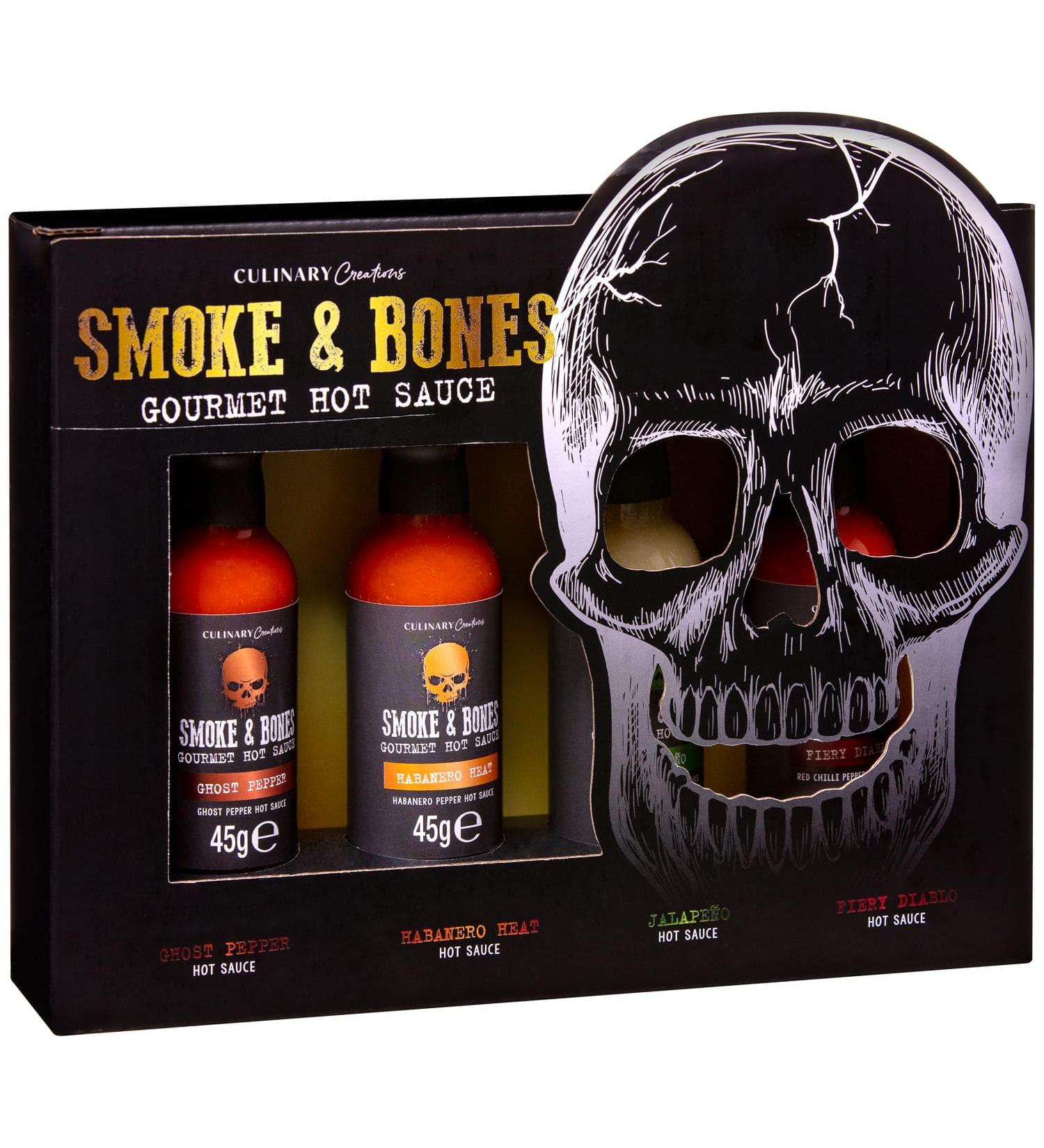 Smoke & Bone Hot Sauce Gift Set - 4 x 45g Gourmet Scorching Flavours - Ideal for Chilli Enthusiasts Christmas Stocking Fillers Secret Santa Gifts for Dads