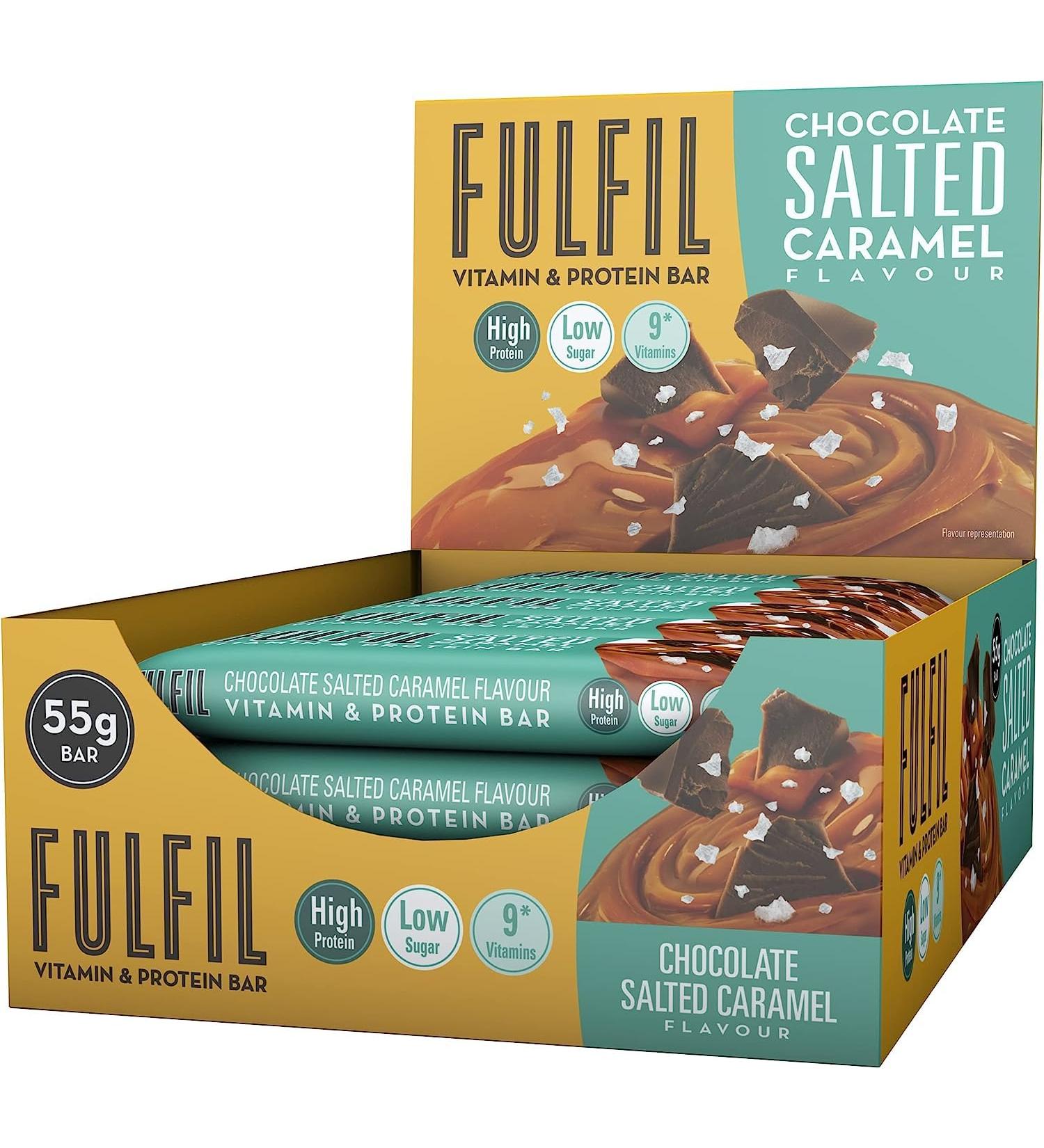 Fulfil Vitamin and Protein Bar (15 x 55 g Bars) Chocolate Salted Caramel Flavour 20 g High Protein 9 Vitamins Low Sugar - Buy Online on GoSupps.com