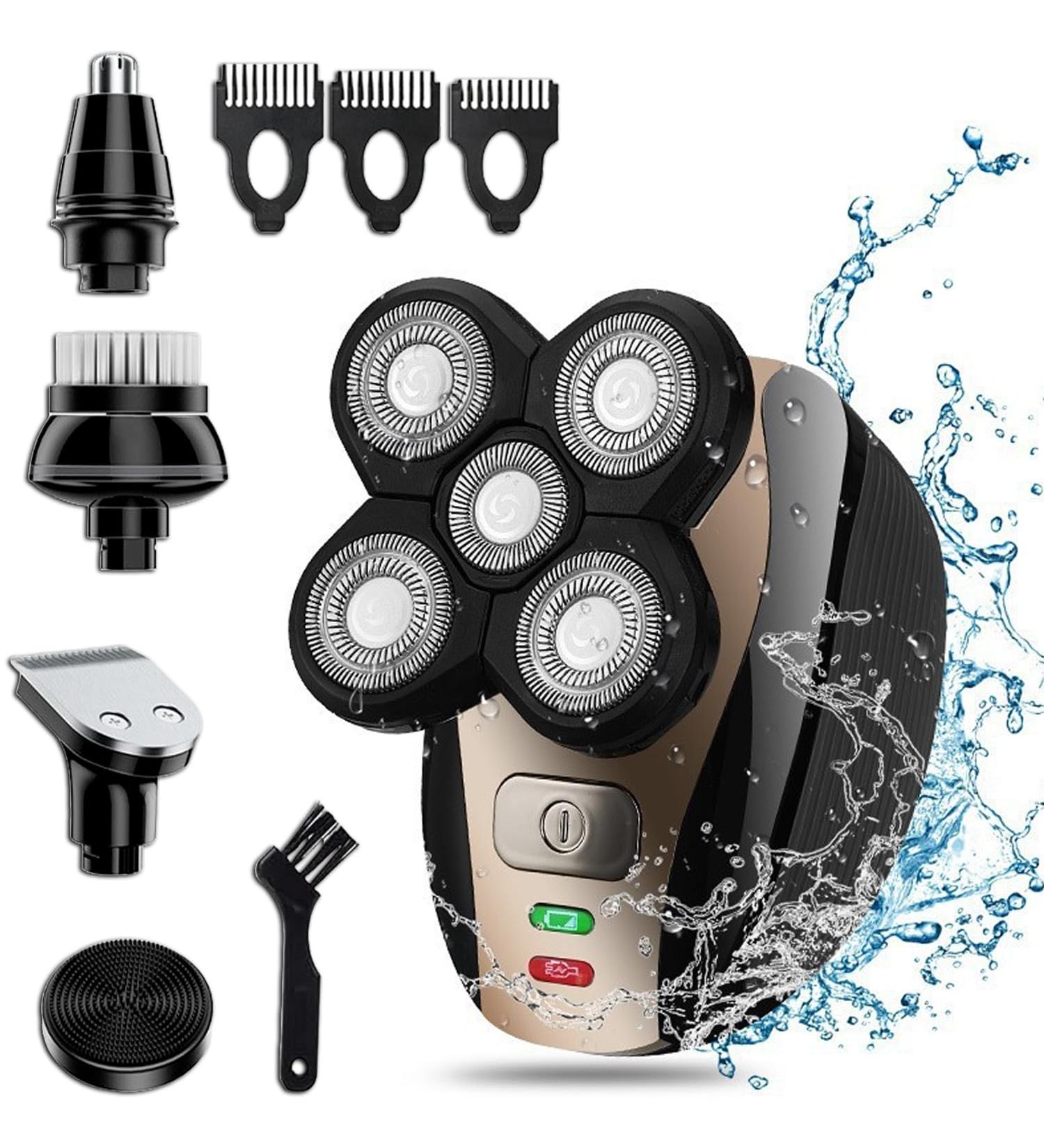 5-in-1 Rotary Electric Razor & Bald Head Shaver | Cordless Rechargeable Beard Trimmer Clippers Nose Hair Trimmer & Facial Cleansing Brush - International Shipping Available - Buy Online on GoSupps.com
