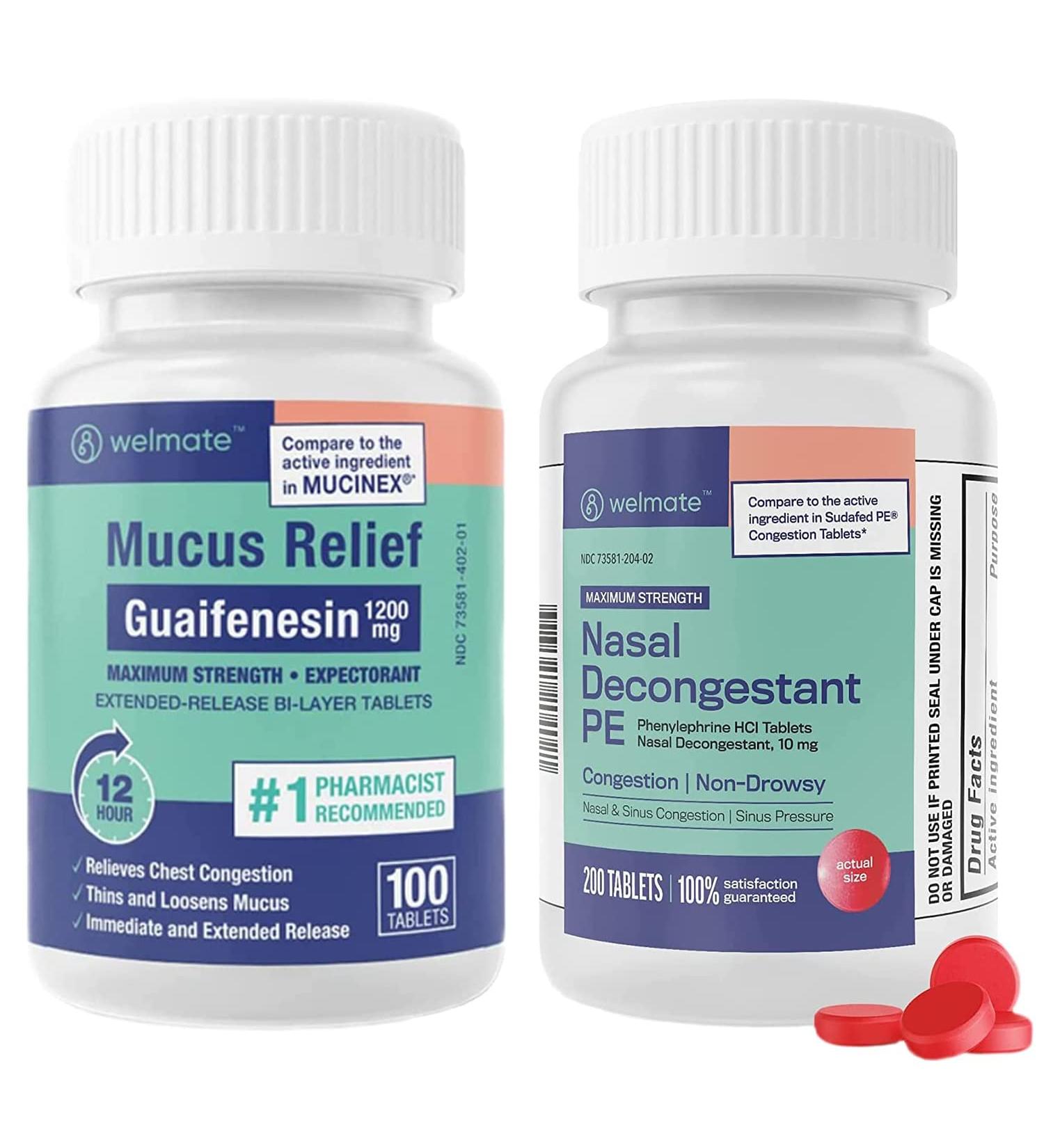 WELMATE Respiratory Relief Bundle: Maximum Strength Guaifenesin 1200 Mg Mucus Relief (100 Bi-Layer Tablets) + Phenylephrine HCl 10 mg Nasal Decongestant PE (200 Tablets) Sinus Cold & Allergy Support - Buy Online on GoSupps.com