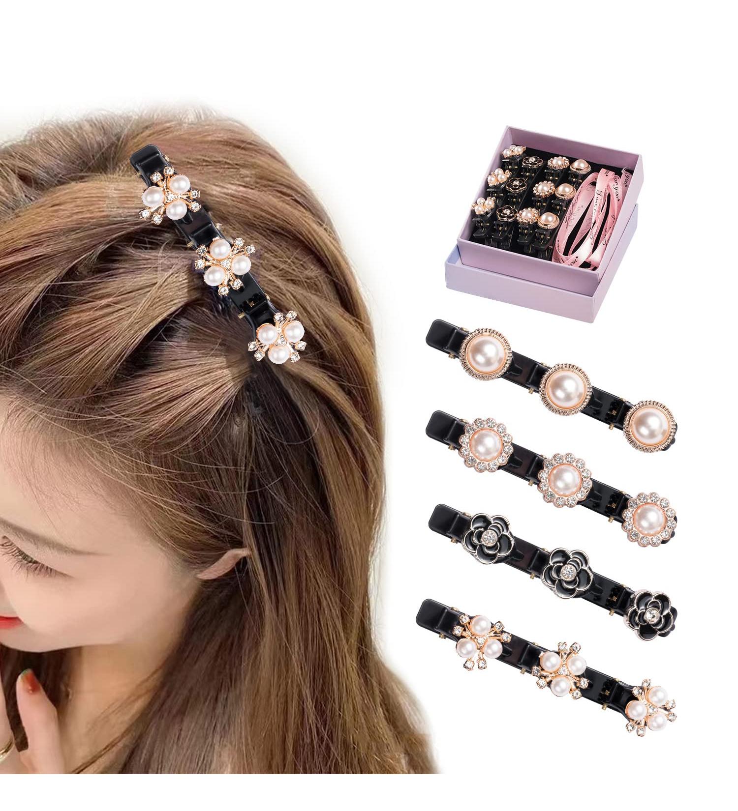4PCS Sparkling Crystal Stone Braided Hair Clips with Pearl Shaped Duckbill Clip for Women/Girls - Buy Online on GoSupps.com