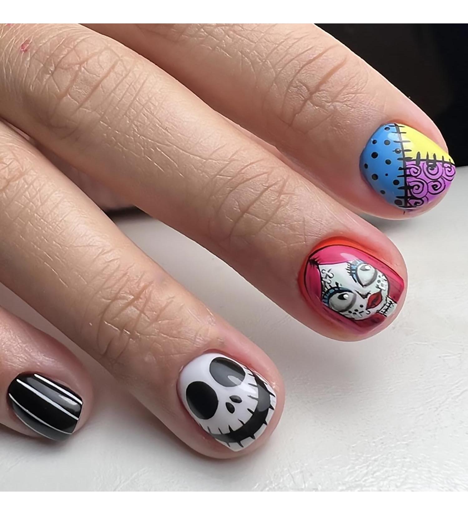 Colorful Nightmare Before Christmas Press-On Nails | Short Square Acrylic False Nails with Ghost Designs - 24 Pcs for Women - Buy Online on GoSupps.com