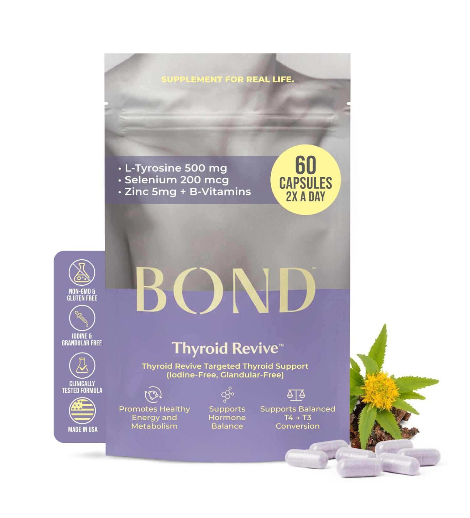 BOND Thyroid Complex, Thyroid Support Supplement for Women & Men, Selenium 200mcg, L-Tyrosine 500mg, Natural Energy & Metabolism Booster with Zinc & Rhodiola Extract, Iodine Free - 60 Capsules (2/day) - Buy Online on GoSupps.com