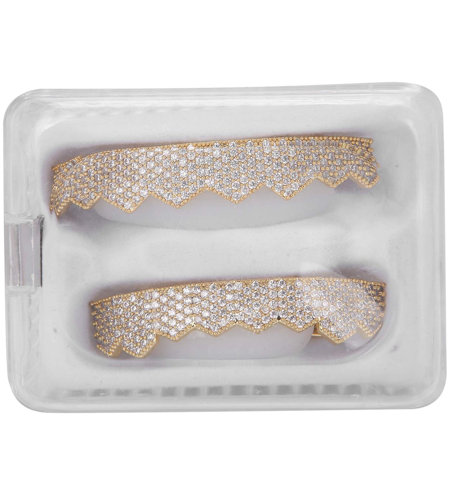 Bling Teeth Grillz Set - Iced Out Gold & Silver Teeth Grills for Women | Top & Bottom Grills with Storage Box - Buy Online on GoSupps.com