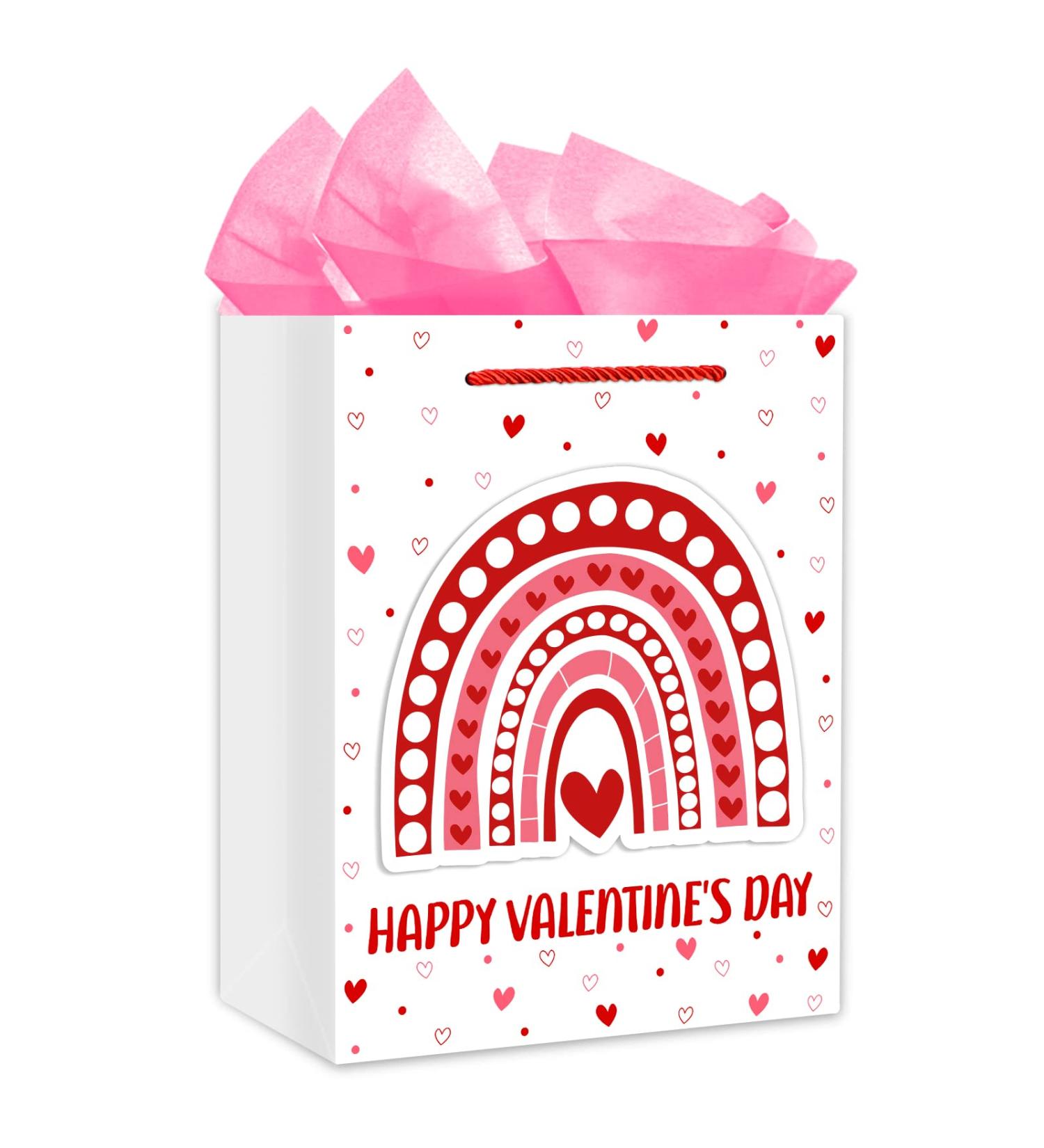 FaCraft Happy Valentines Day Gift Bag with Handle Large Rainbow Valentines Gift Bag with Tissue Paper Love Heart Romantic Valentines Gift Bags for Her Him Men Girlfriend Boyfriend Husband Wife Pink Rainbow Red - Buy Online on GoSupps.com