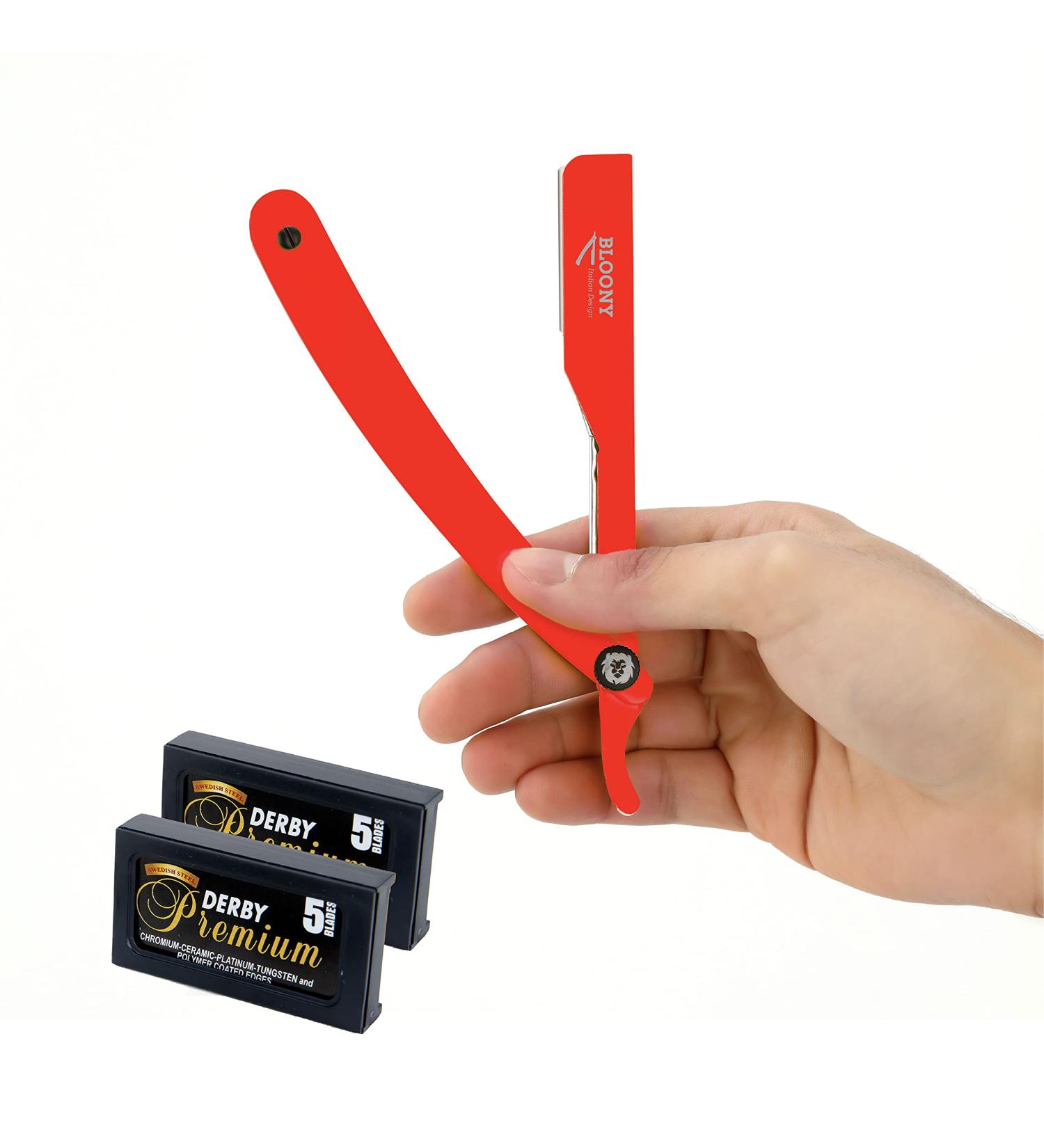Bloony Laser Collection: Professional Free Hand Razor & 10 Derby Platinum Blades - Italian Design 2021 (Rosso) - Premium Stainless Steel International Shipping - Buy Online on GoSupps.com