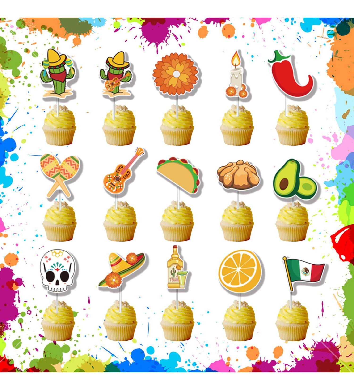 32Pcs Mexican Fiesta Cupcake Topper - Taco Cake Toppers Decorations Mixed Shaped Mexican Theme Cupcake Topper Supplies for Birthday Party Baby Shower - Buy Online on GoSupps.com