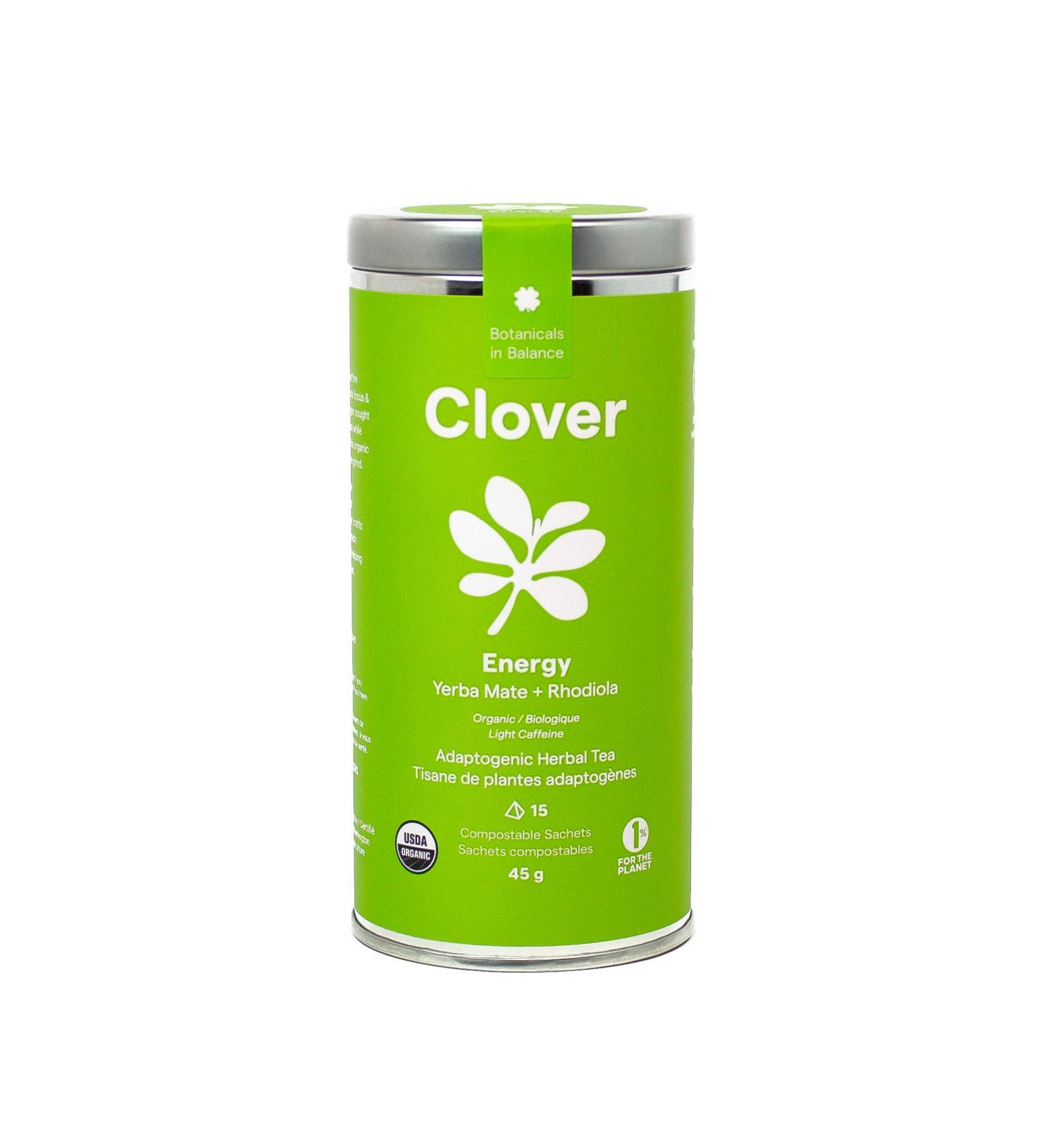 Clover Botanicals Organic Adaptogenic Tea: Energy - Yerba Mate + Rhodiola - 3 Pack (45 Compostable Pyramid Bags) - Buy Online on GoSupps.com
