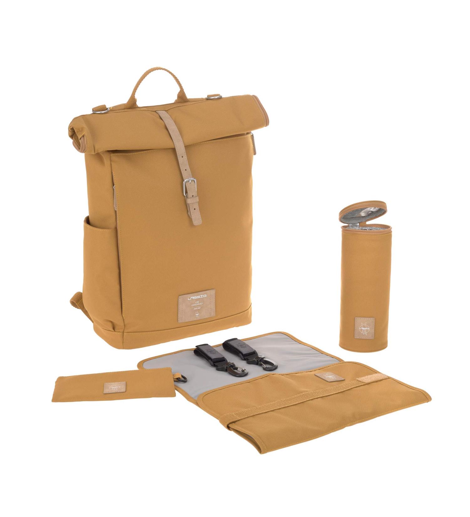 L SSIG Rolltop Backpack - Eco-Friendly Diaper Bag with Changing Mat Stroller Attachment & Bottle Holder in Yellow (Curry) - Shop Internationally - Buy Online on GoSupps.com