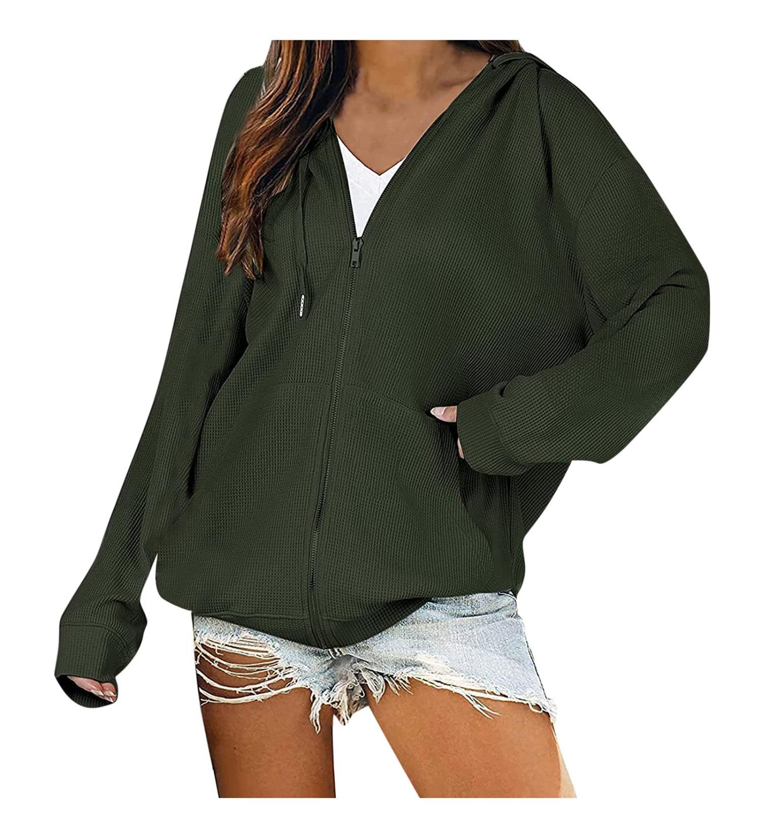Women's Hooded Waffle Knit Sweater with Zipper Pocket - Large Green - Buy Online on GoSupps.com