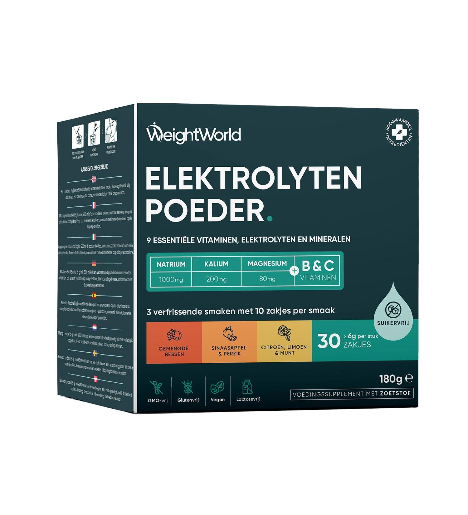 Electrolyte Powder sachets 1280 mg With sodium potassium magnesium and vitamin B complex Sugarfree 30 vegan sachets in 3 natural flavors Ideal for athletes From WeightWorld - Buy Online on GoSupps.com