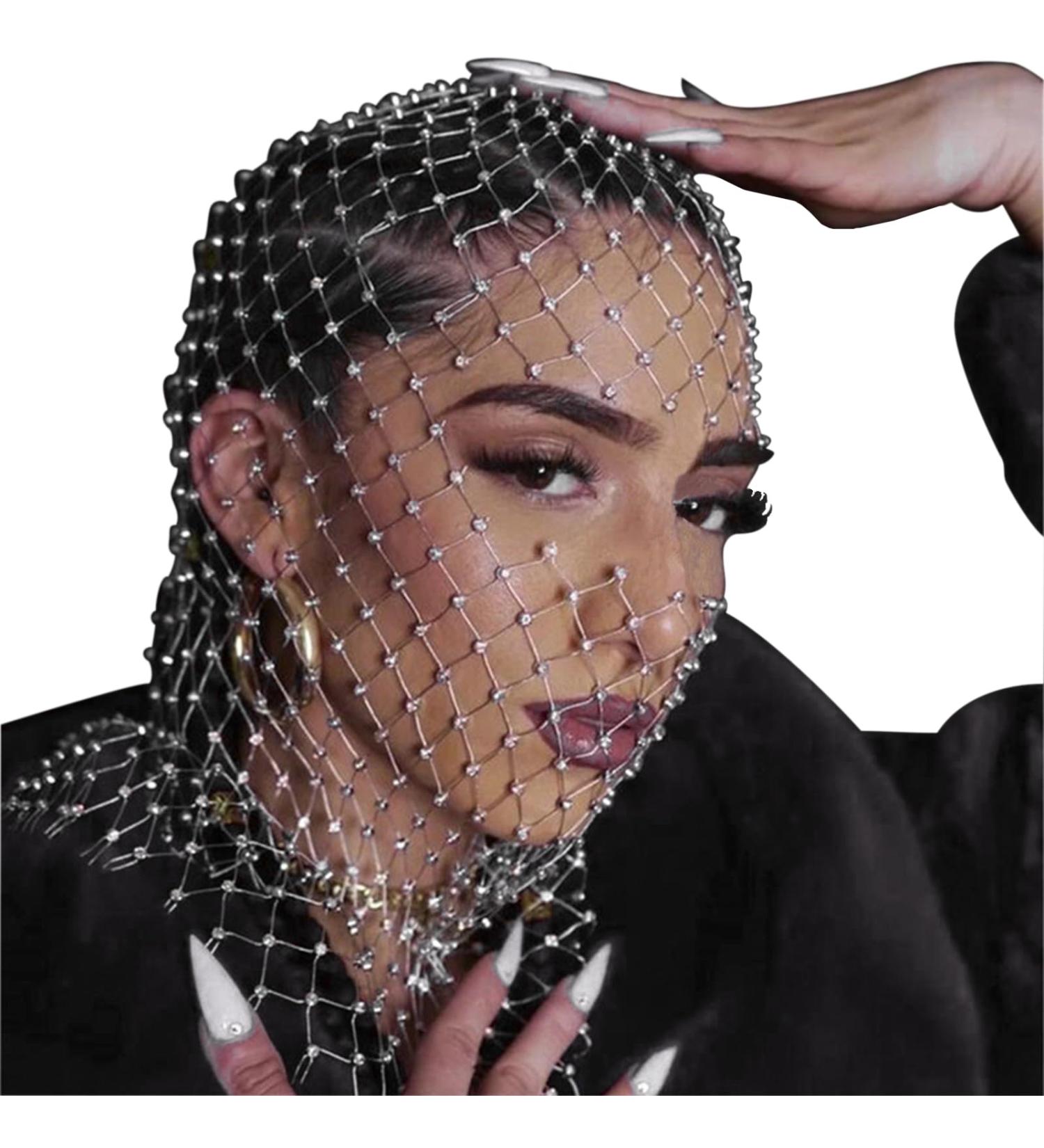 Crystal Mesh Mask Mesh Rhinestone Headband Face Veil Headband Fishnet Headpiece Crystal Nightclub Headwrap White - Buy Online on GoSupps.com