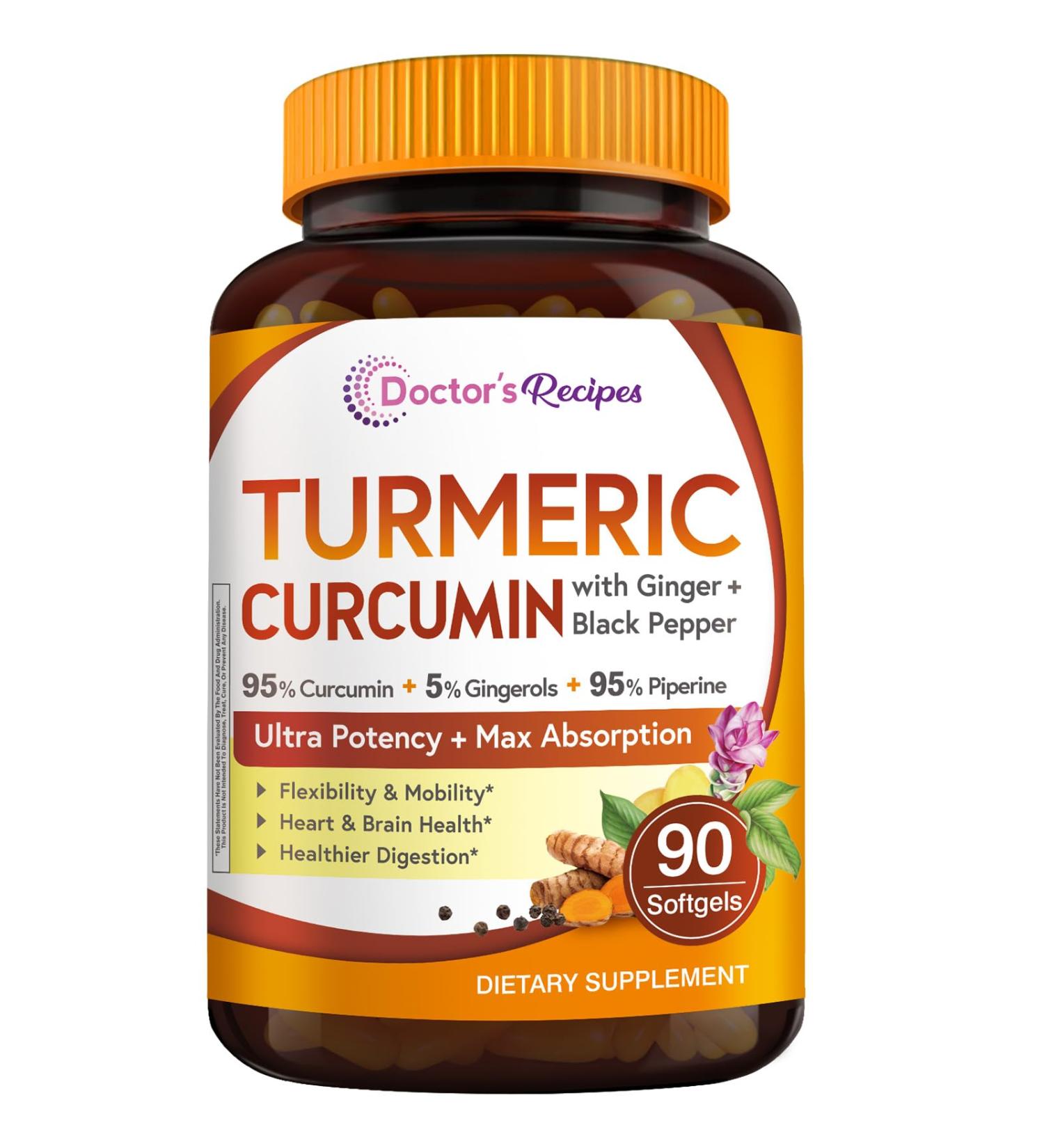 Doctor's Recipes Turmeric Softgel 750mg Curcuminoids (95%) with Ginger Extract (5% gingerols) for Antioxidant Function Mobility & Flexibility Black Pepper for Optimal Absorption 90 Softgels - Buy Online on GoSupps.com
