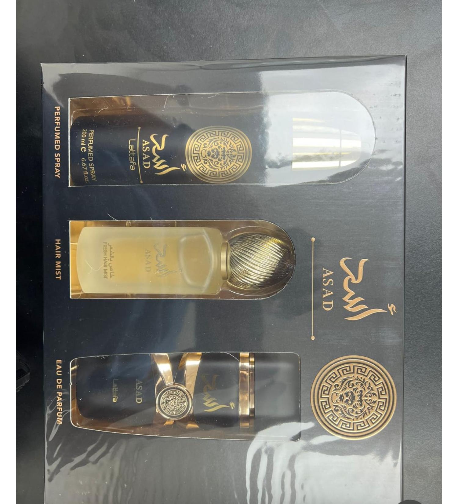 Latafa Black Asad Unisex Eau de Parfum Spray Gift Set 100ML Spray 200ML Deodorant 50ML Hair Mist