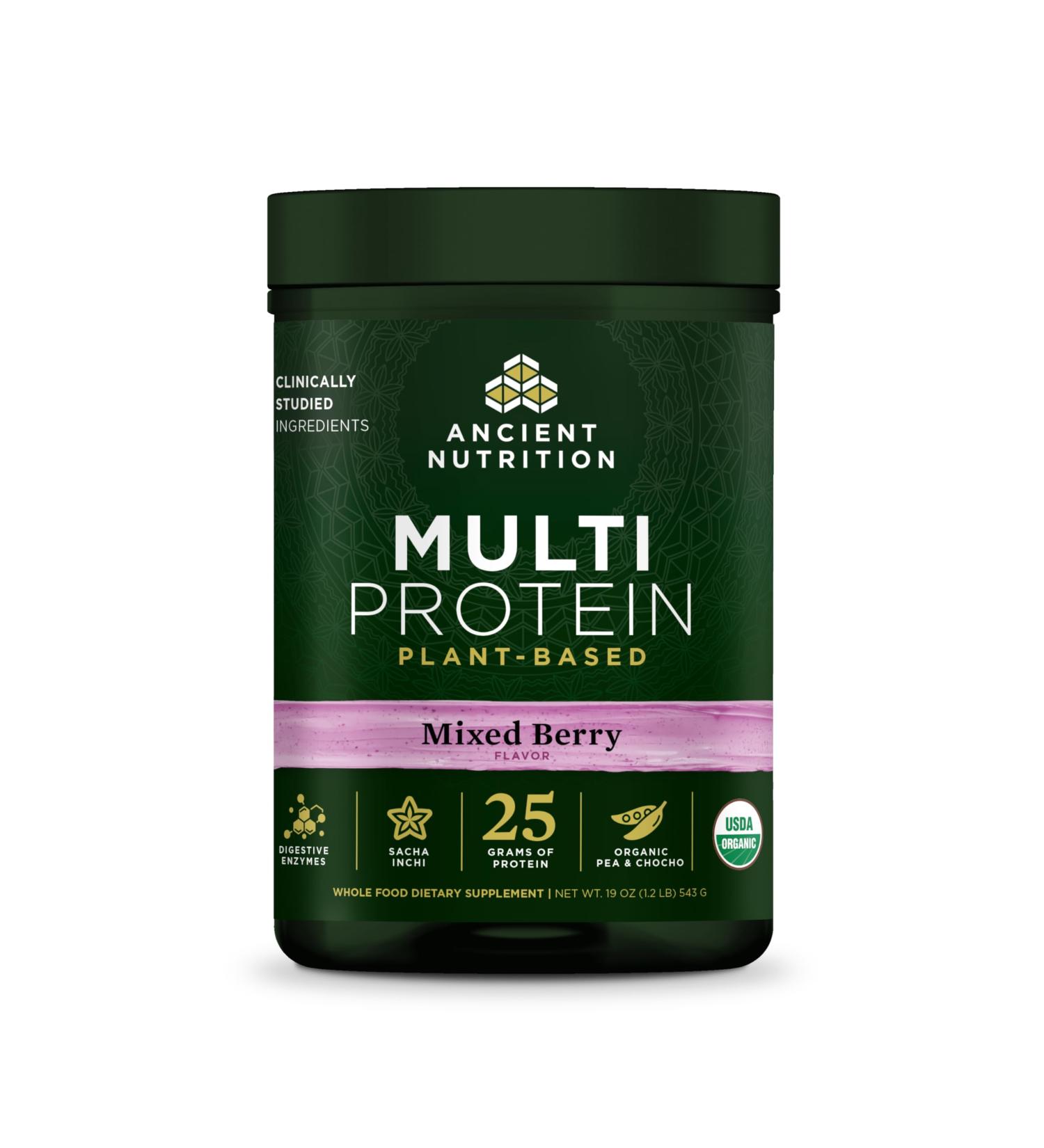 Ancient Nutrition Organic Multi Protein Plant Based Powder 25g Protein Hydrolyzed Pea Protein Digestive Enzymes & Probiotics Supports Muscle & Gut Health Mixed Berry 15 Servings