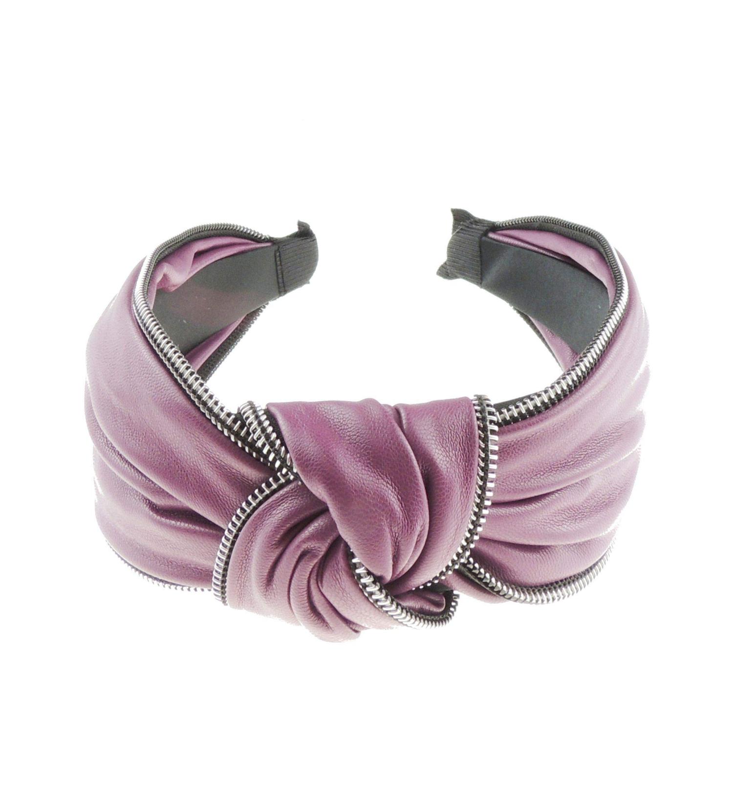 Womens Vegan Faux Leather Silver Tone Zipper Zip Trim Knotted Wide Top Knot Fabric Turban Evening Boho Retro Funky Vintage Headband Alice Band Hair Hairband For Christmas Birthday Wedding (Purple)