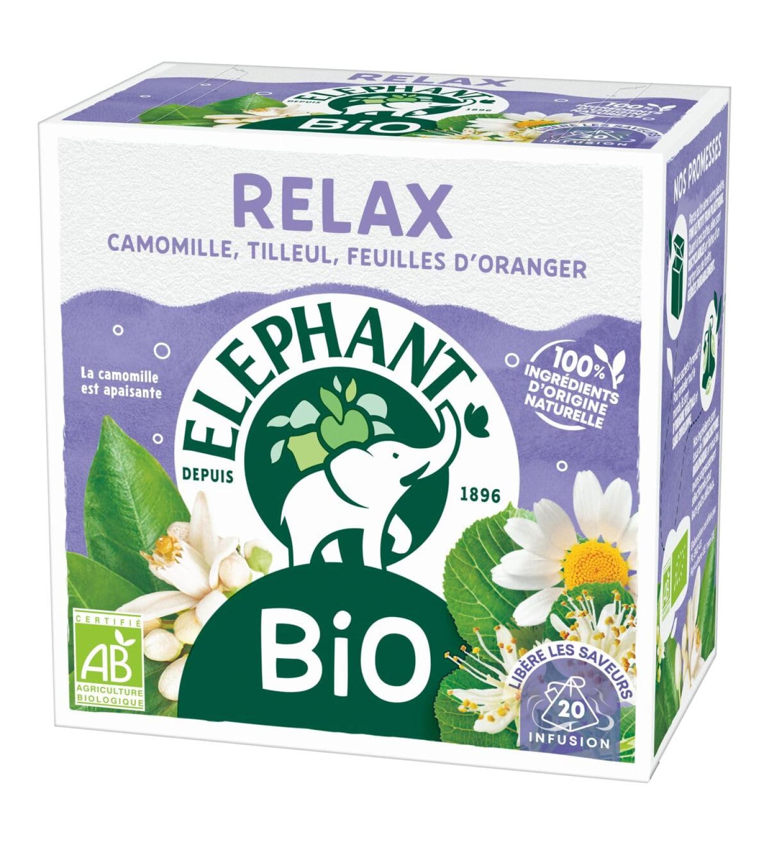 Elephant Organic Relax Infusion Chamomile Linden and Orange Blossom Flavor Well-Being and Relaxation Ingredients of 100% Origin - Buy Online on GoSupps.com
