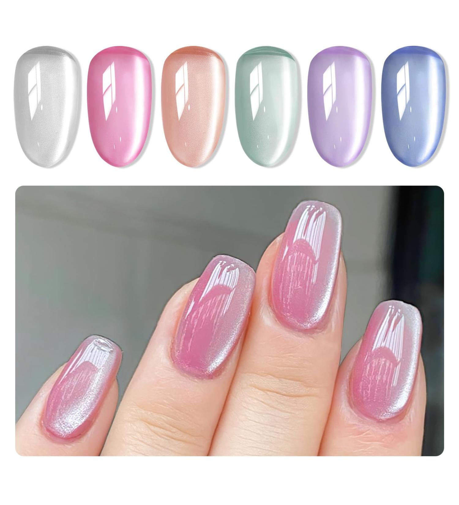 MIZHSE Cat Eye Gel Nail Polish Set - 6 Colors Magnetic Ceramic Polish Kit for Manicure - Perfect Gift Set in Silver Champagne Pink Green Blue Purple - Buy Online on GoSupps.com