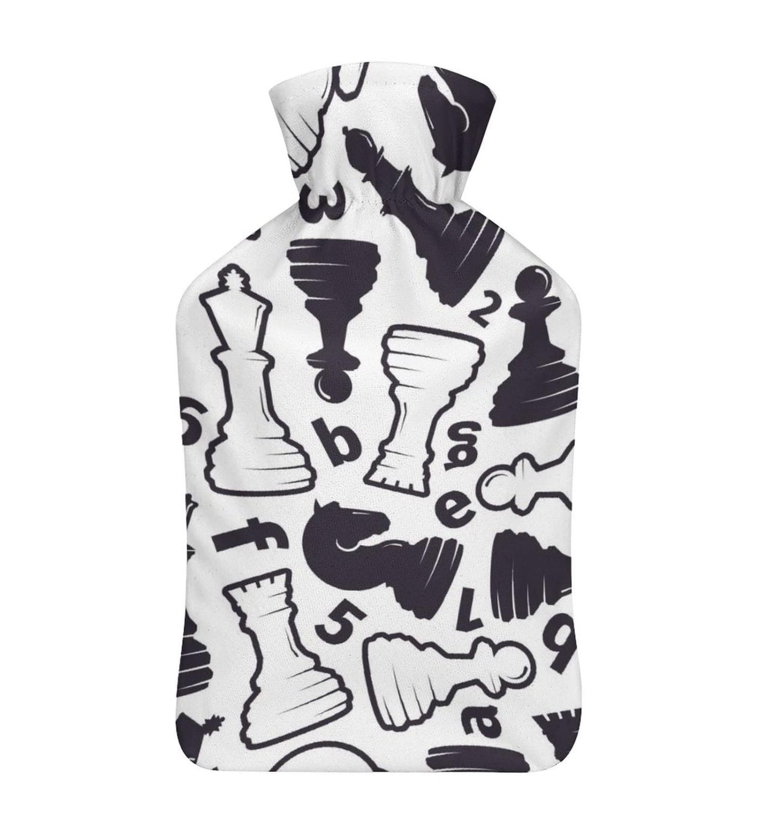 Black and White Chess Hot Water Bottle with Plush Cover Cozy Bed Warmer for Adults & Kids | 26.5x15.3cm - International Shipping Available! - Buy Online on GoSupps.com