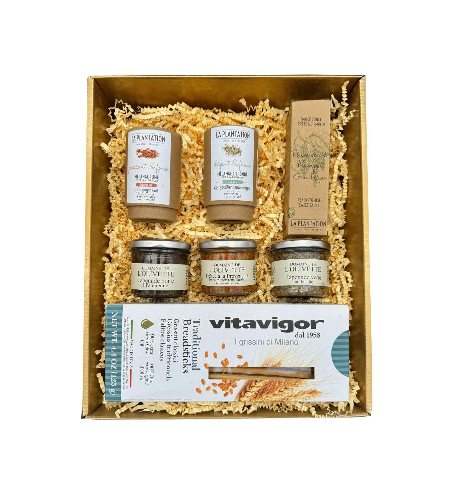 Gourmet Salty Gold Set:Mix: Salt flowers and lemon spices - Salt flowers and smoked spices & Kampot pepper sauce - Gressin - Tapenades