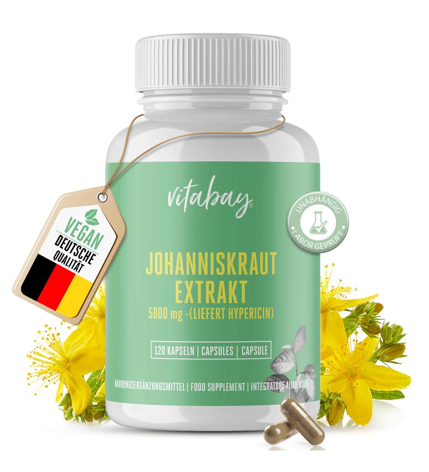 Vitabay St. John's Wort Extract 5000 mg - 120 Vegan Capsules | High Dose Hypericin | Made in Germany | Natural Mood Support - Buy Online on GoSupps.com