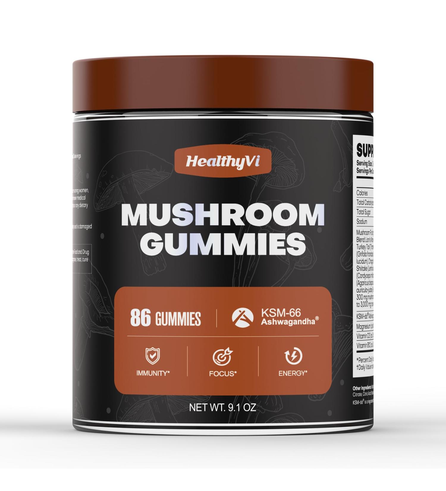 Mushroom Gummies Supplement-Reishi Cordyceps Turkey Tail Mushroom Supplement Gummy for Adults Supports Brain Health Immune Defense - 86 Gummies