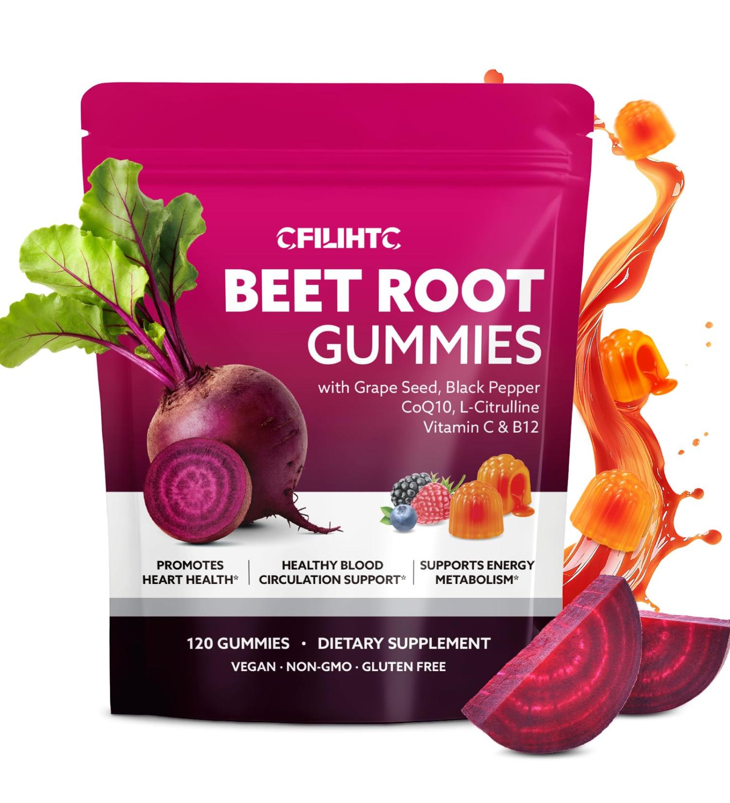 Beetroot Gummies - Beet Root for High Blood Pressure Supplements with Grape Seed Extract + CoQ10 + Black Pepper Extract + L-Citrulline + Vitamin C B12 Ultimate Heart for Blood Flow & Energy, 120 Count - Buy Online on GoSupps.com
