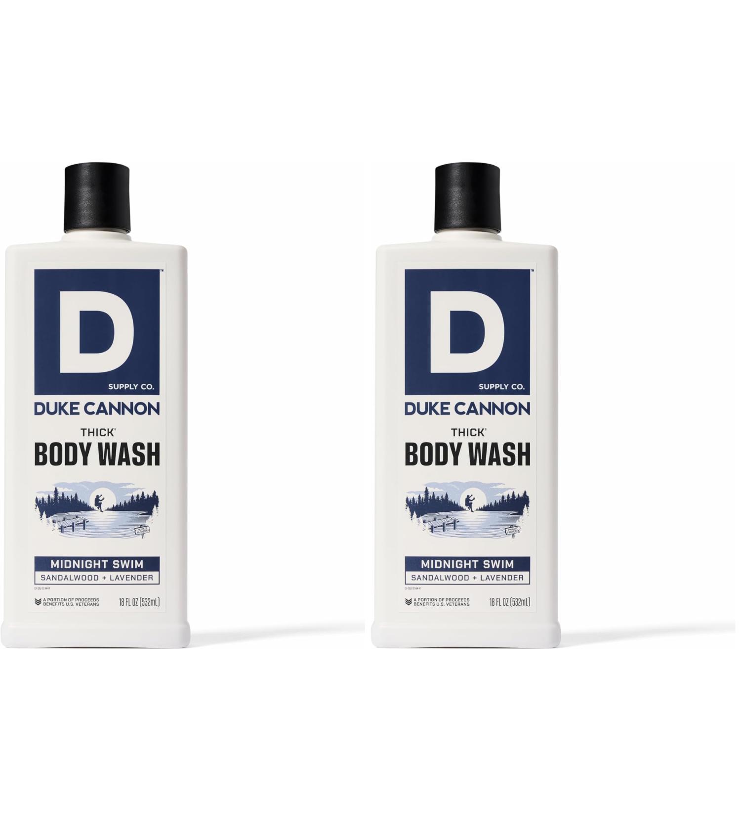 Duke Cannon Supply Co. Thick High Viscosity Body Wash - 3X Thicker Plant-Based Mineral-Enriched Body Wash for Men - Sandalwood and Lavender - Mens Body Scrub - Midnight Swim (18 oz) (Pack of 2)