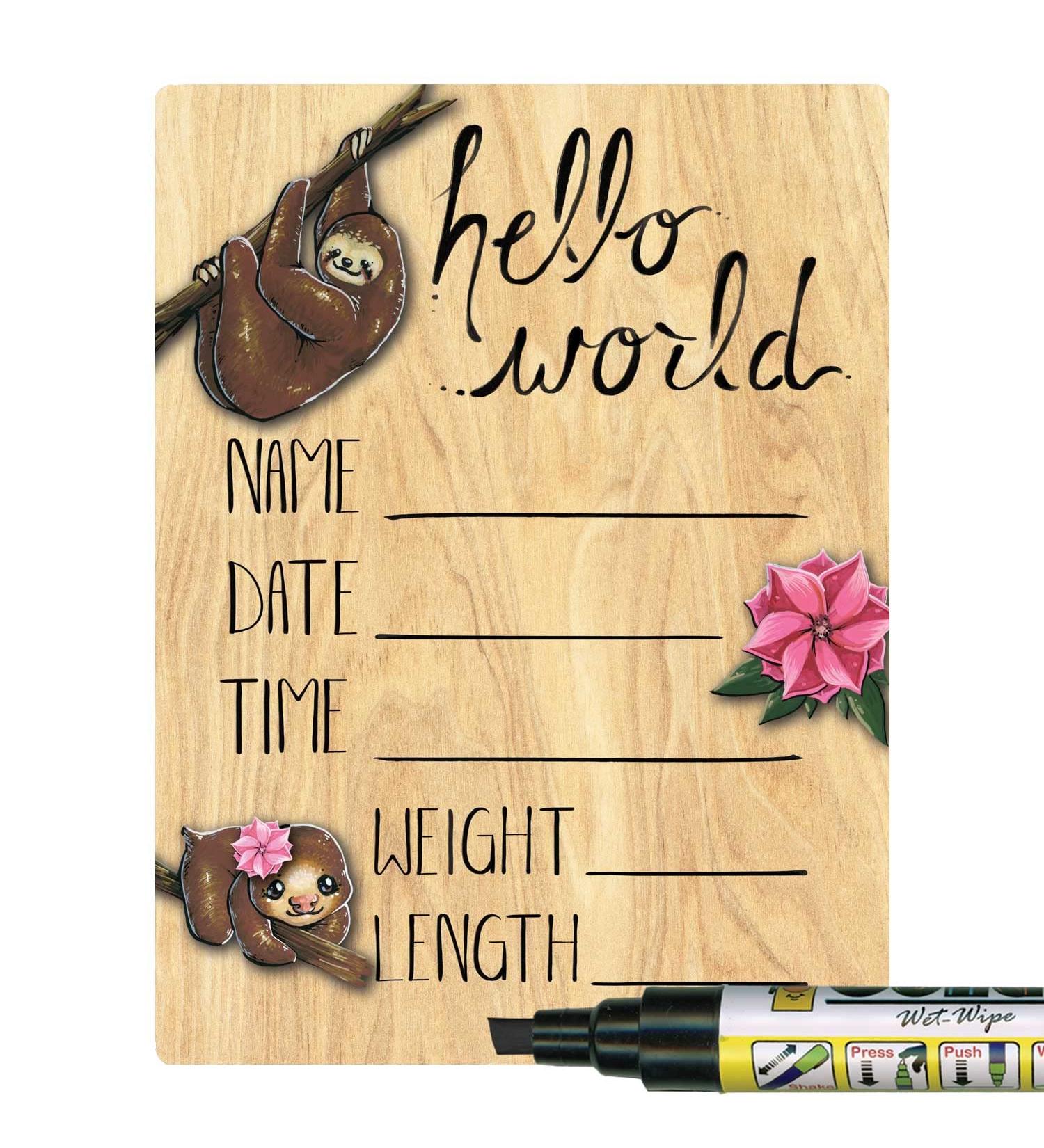 Cute Pink Sloth Newborn Baby Announcement Wood Sign | Cohas Hello World | 5x7 Inches with Black Marker - Buy Online on GoSupps.com
