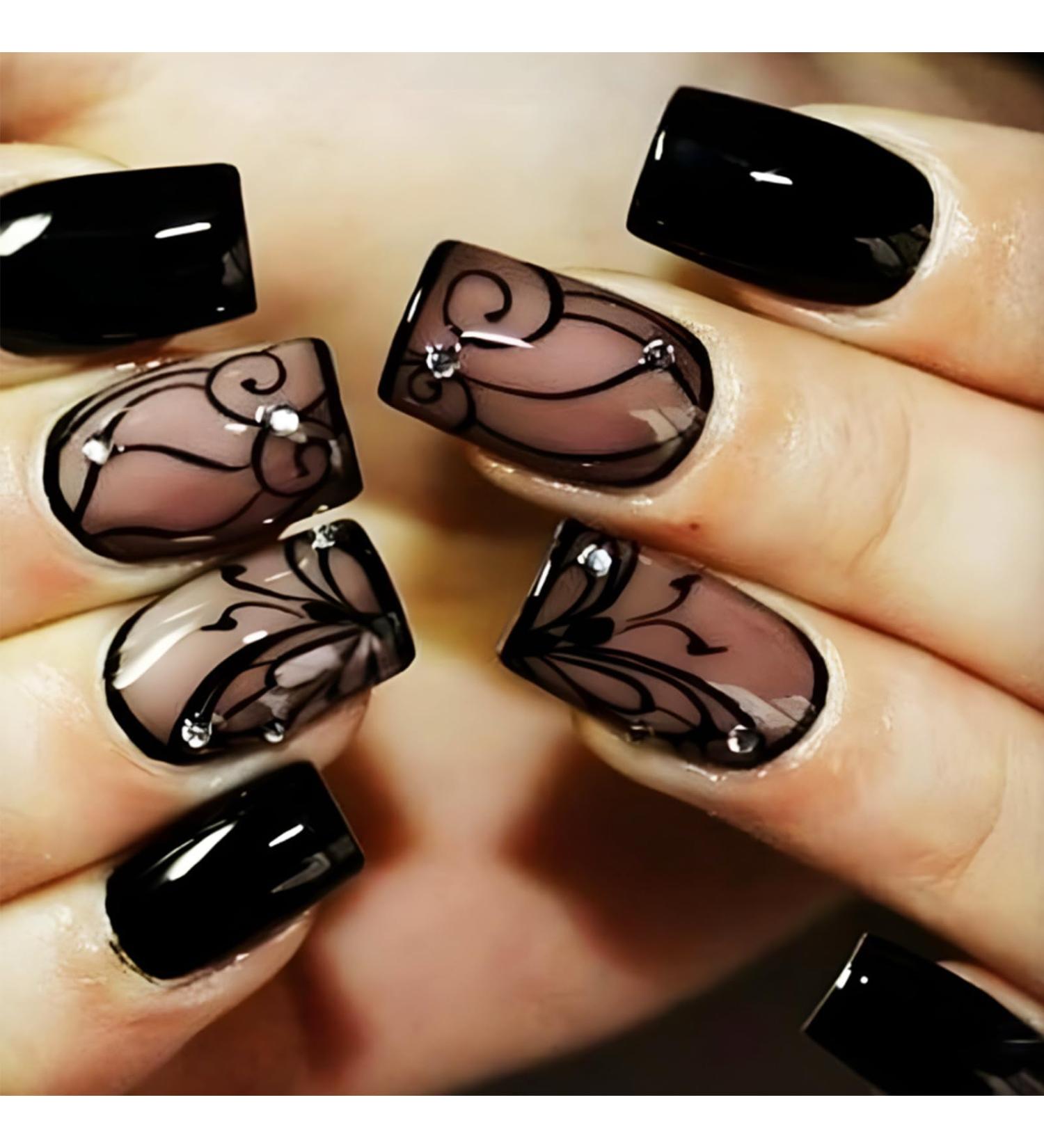 Black Curve Line Press on Nails - Glossy Black Medium Square False Nails with Dark Vine Design & Rhinestones | 24Pcs Gel Glue On Acrylic Manicure Art for Women & Girls - Buy Online on GoSupps.com