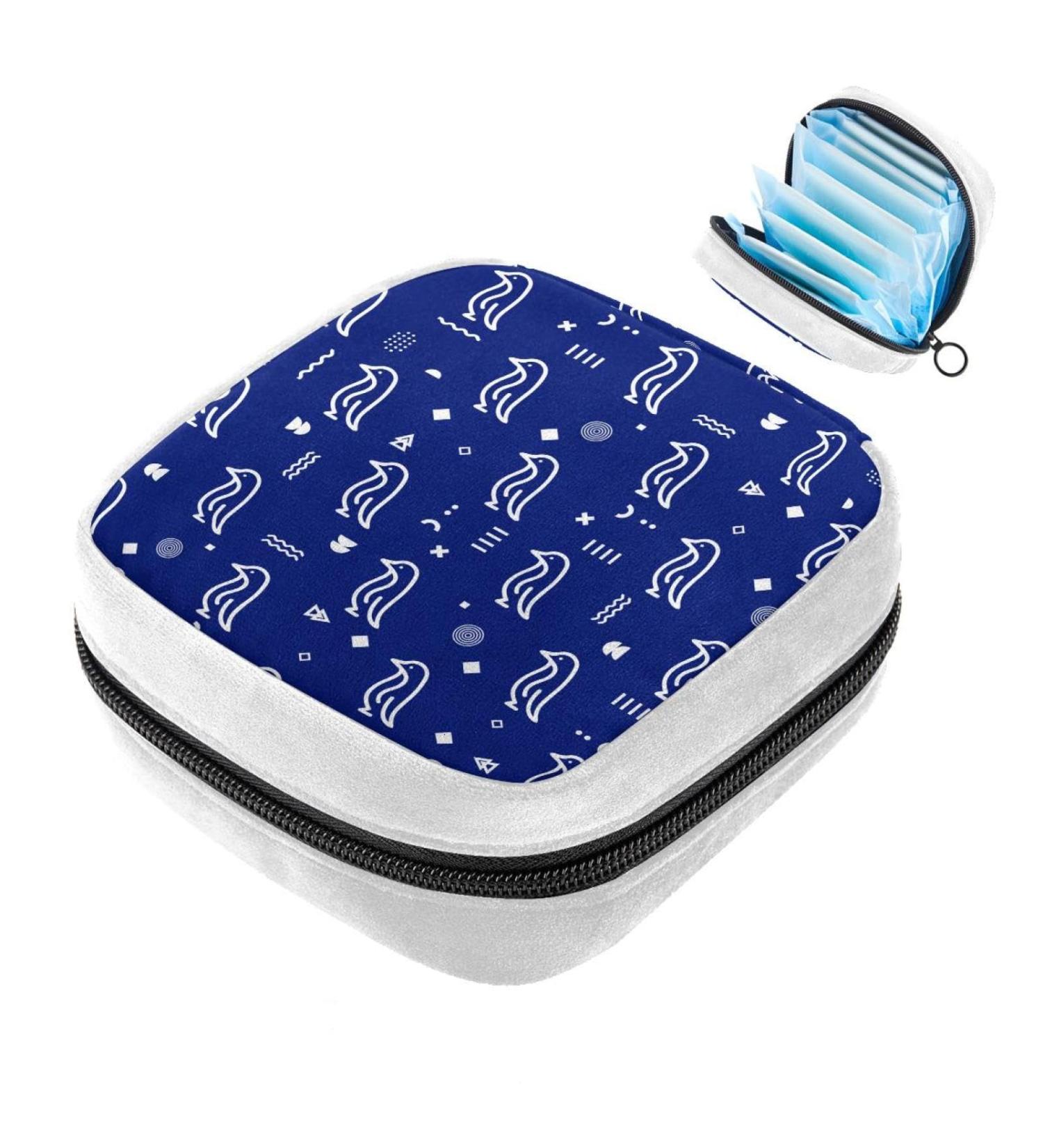 Cartoon Penguin Sanitary Napkin Storage Bag | Period & Tampon Storage | Makeup Pad Pouch | Blue Background Color - Buy Online on GoSupps.com