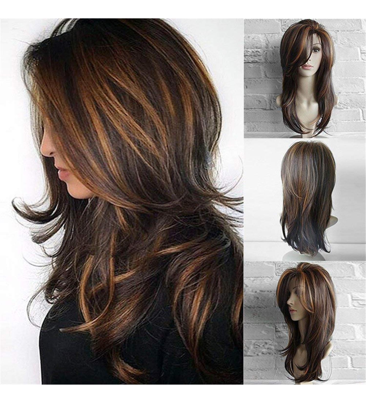 Wigherlange Ombre Brown & Blond Wavy Wig with Bangs for Women - Heat Resistant Synthetic Hair - Buy Online on GoSupps.com
