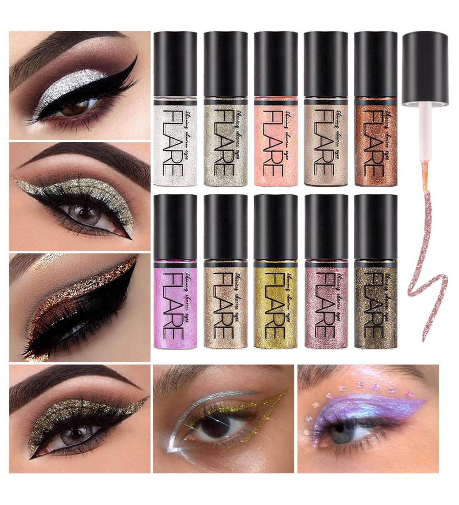 10 Colors Glitter Liquid Eyeliner Eye Makeup Set - Waterproof Eye Glitter Eyeshadow in Pink, Brown, White, Gold - Long-Lasting Delineador de Ojos - 1 Count Pack - Buy Online on GoSupps.com
