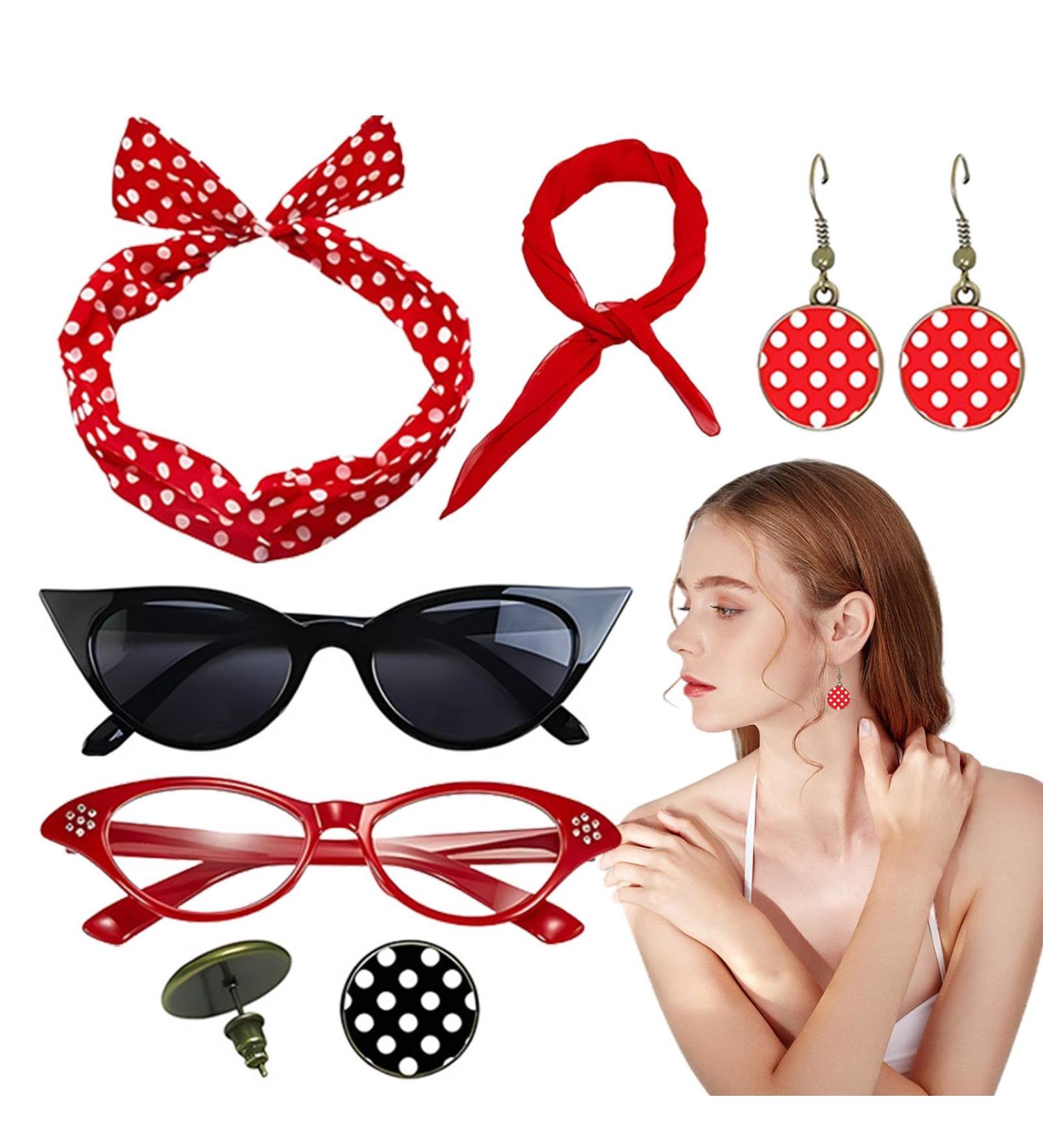 Polka Dot Headband - 1950s Headbands and Drop Earrings Set | Print Dangle Earrings with Vintage Hair Bands Chiffon Scarf Cat Eye Glasses Red One Size - Buy Online on GoSupps.com