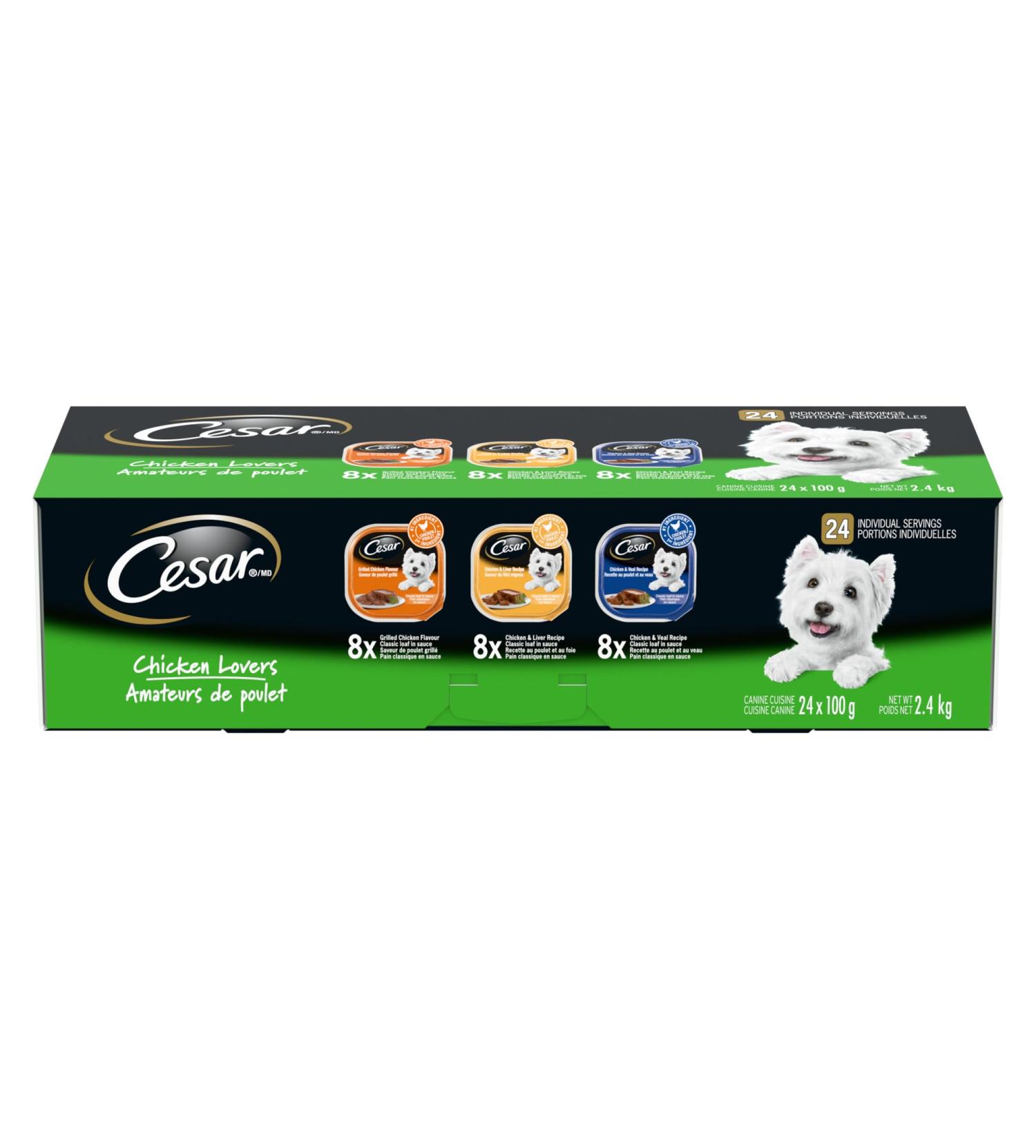 CESAR Classic Loaf in Sauce Adult Wet Dog Food Chicken Lovers Variety Pack 8 Grilled Chicken Flavour 8 Chicken & Liver Recipe 8 Chicken & Veal Recipe 24x100g Trays Dog Food Chicken Lovers Variety Pack 100 g (Pack of 24) - Buy Online on GoSupps.com