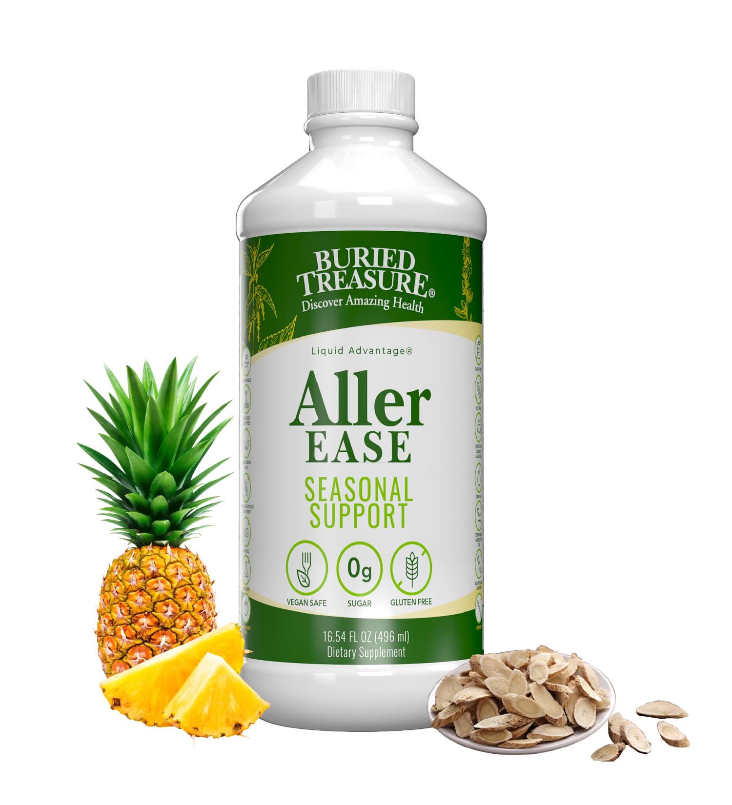 Buried Treasures Aller Ease - 16 fl oz. Liquid Supplement w/ Quercetin, Bromelain, Mullein, Supports Immune, Sinus Comfort, Non-Drowsy Herbal Formula - Buy Online on GoSupps.com