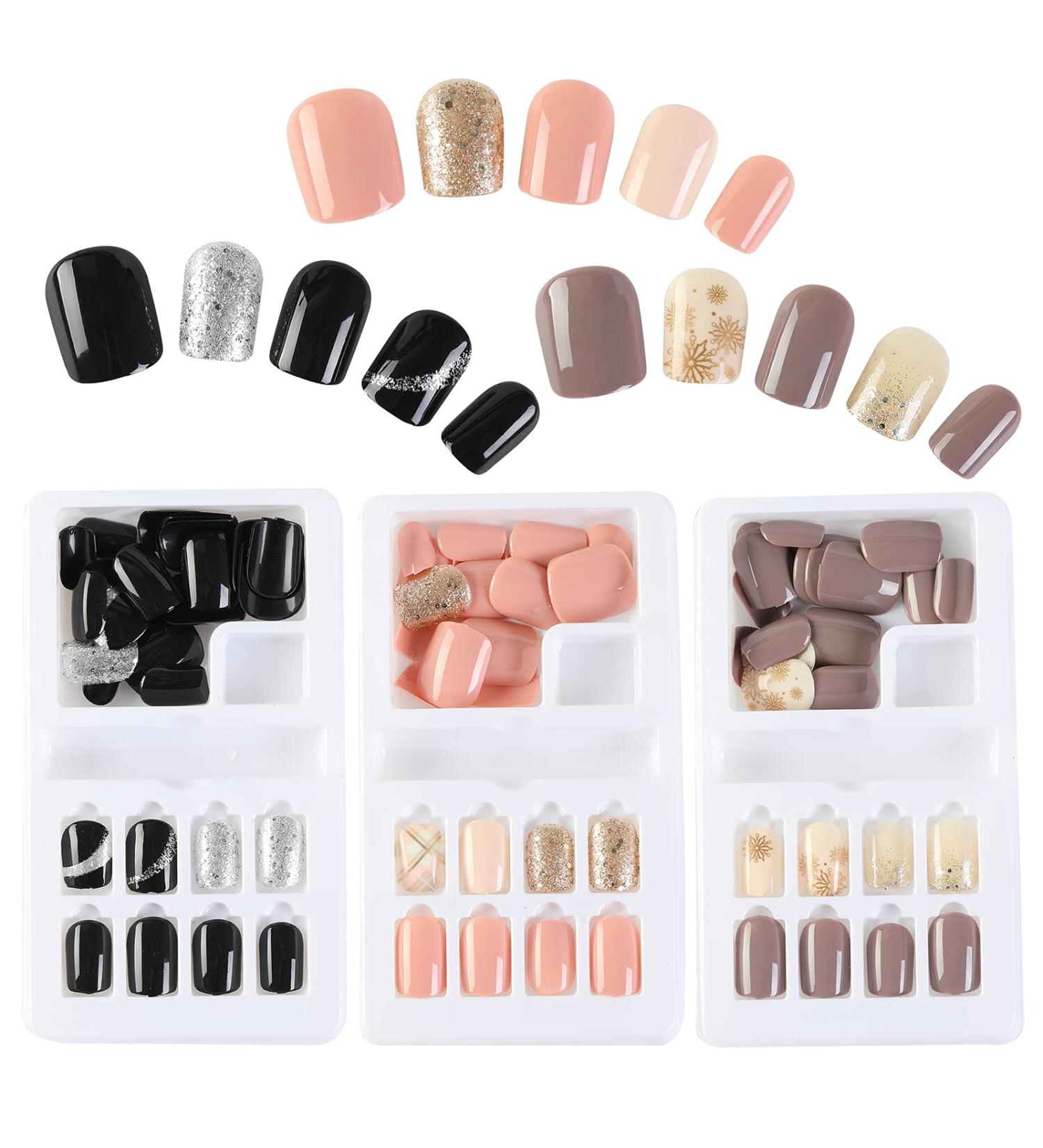 90pcs Short Full Cover Press on Fake Nails - Removable Square Design in Pink, Black, Brown Solid Colors - 12 Sizes for Nail Art, Salons, Home DIY - Buy Online on GoSupps.com