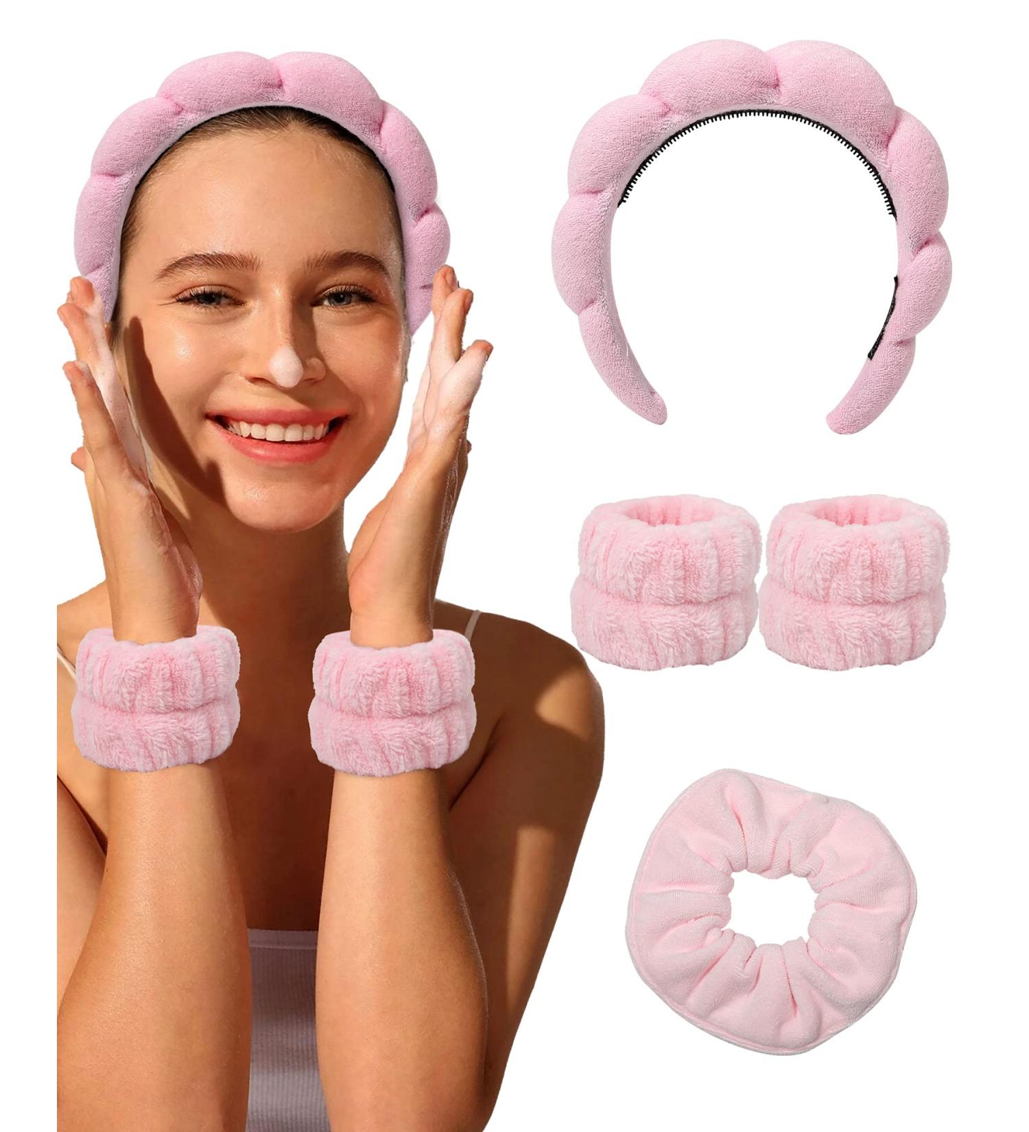 Sponge Spa Headband for Women Pink Face Washing and Makeup Headband with Bonus Scrunchie and Wash Bands - Buy Online on GoSupps.com