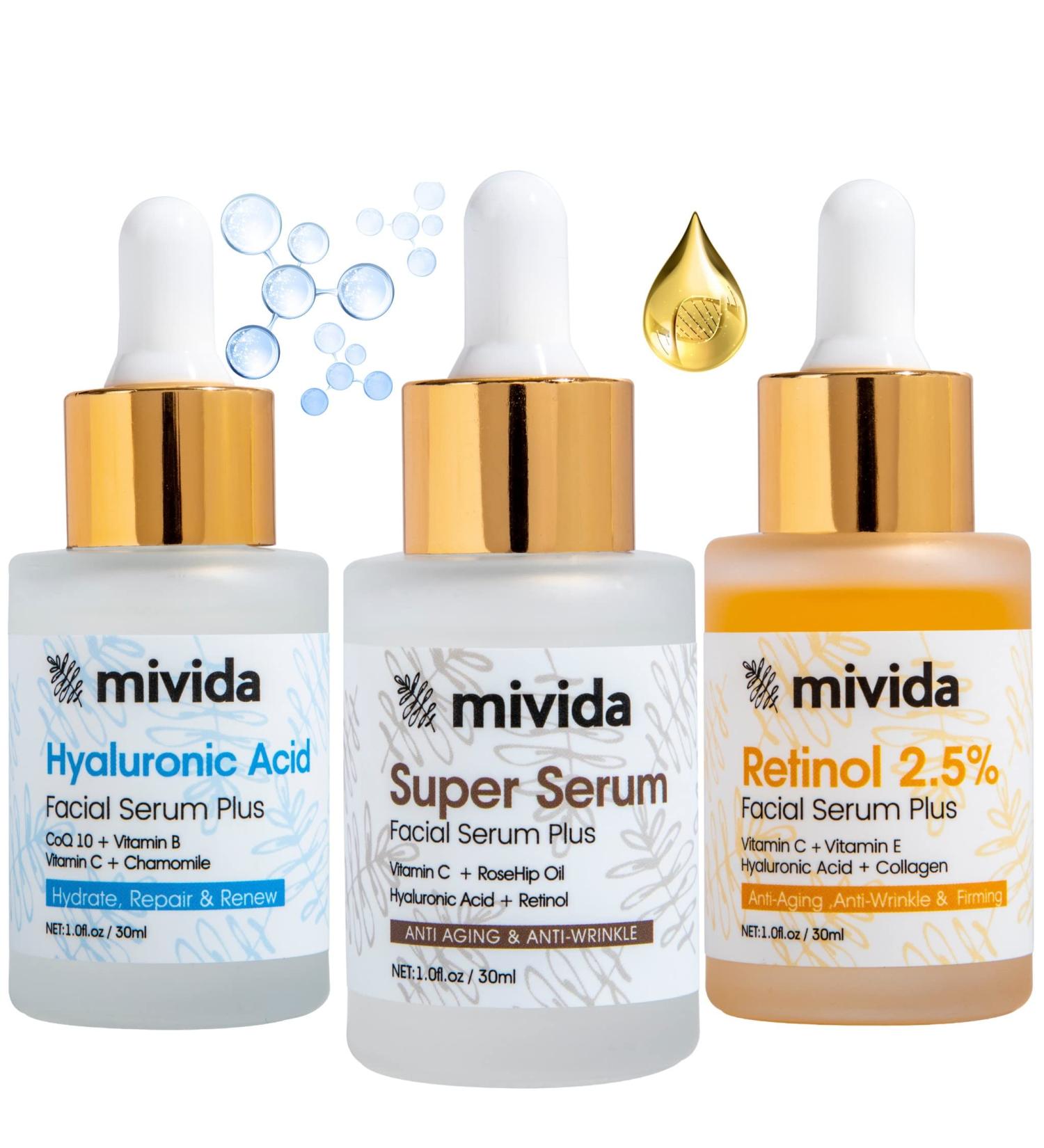 Mivida Facial Serum Set of 3 - Hyaluronic Acid, Retinol 2.5%, Vitamin C 20% | Anti-Aging, Hydrating, Brightening & Firming Serum For Face | Skincare Set | 1 fl oz - Pack of 3 | 0.33 Fl Oz (Pack of 3) - Buy Online on GoSupps.com
